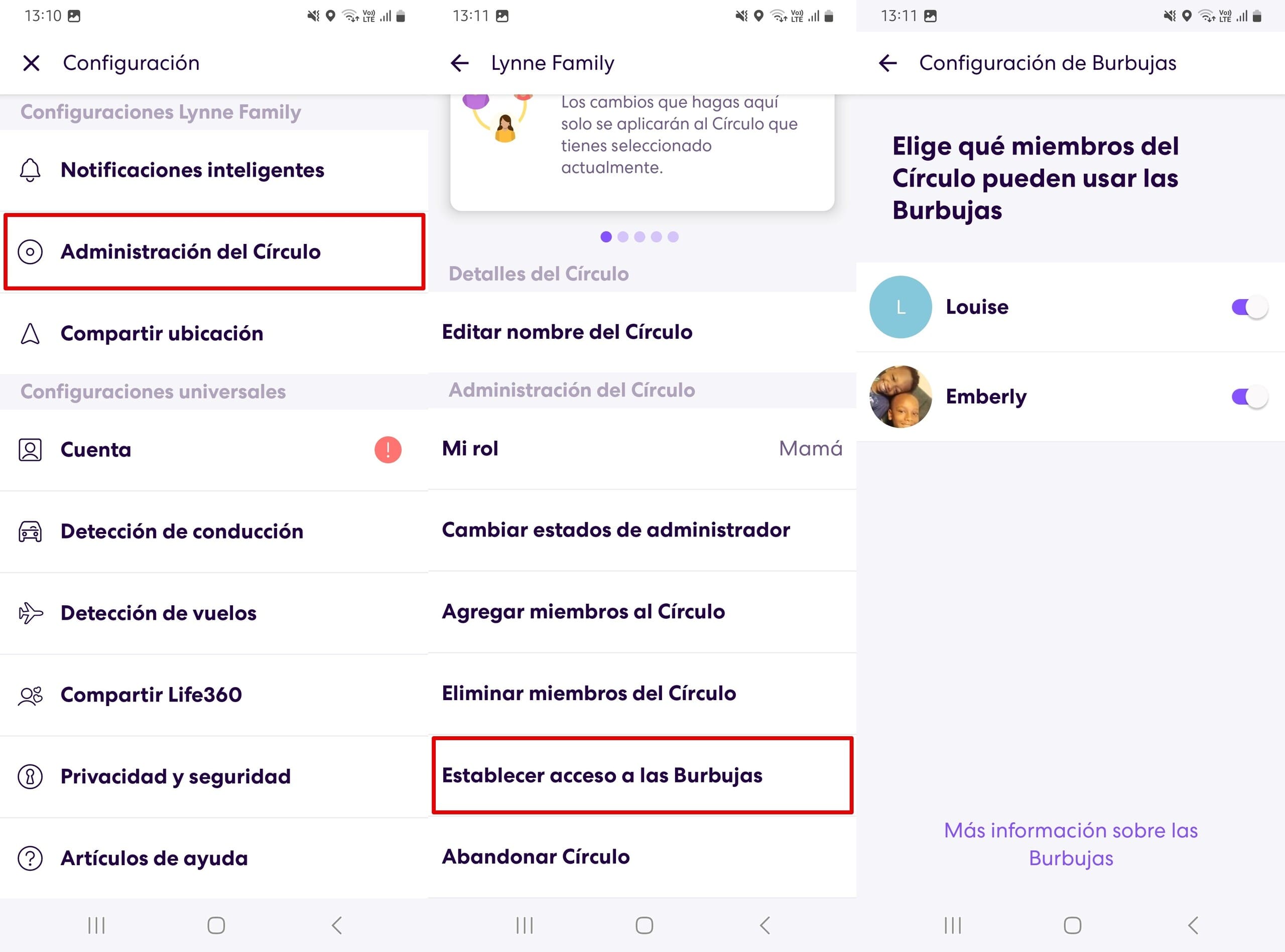 Abre la configuración de Life360, Administración de Círculos, Establecer acceso a las Burbujas y el botón para activar o desactivar Burbujas.