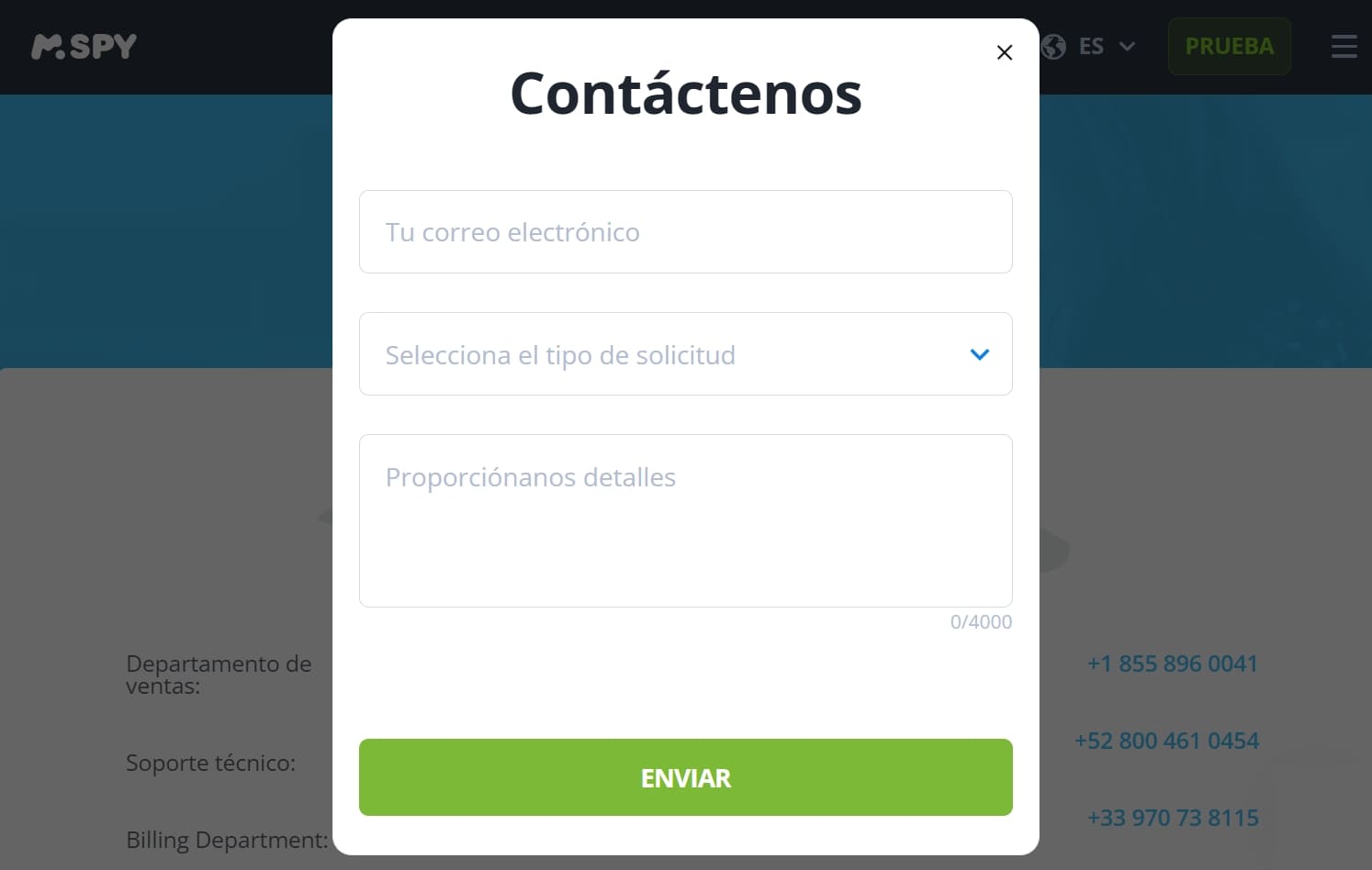 Un formulario de contacto de mSpy.