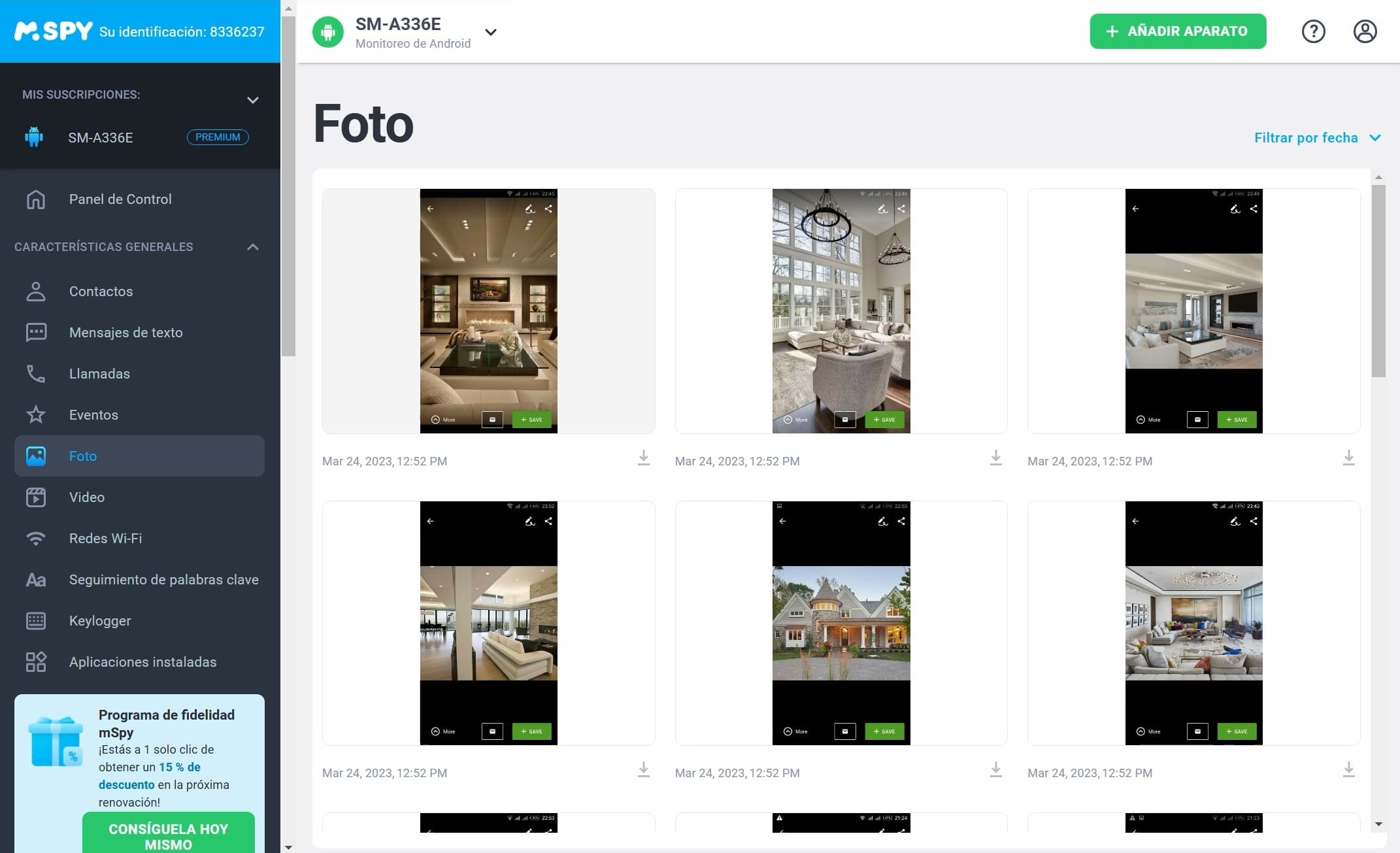mSpy muestra las fotos con la fecha y la hora almacenadas en la galería del dispositivo objetivo.