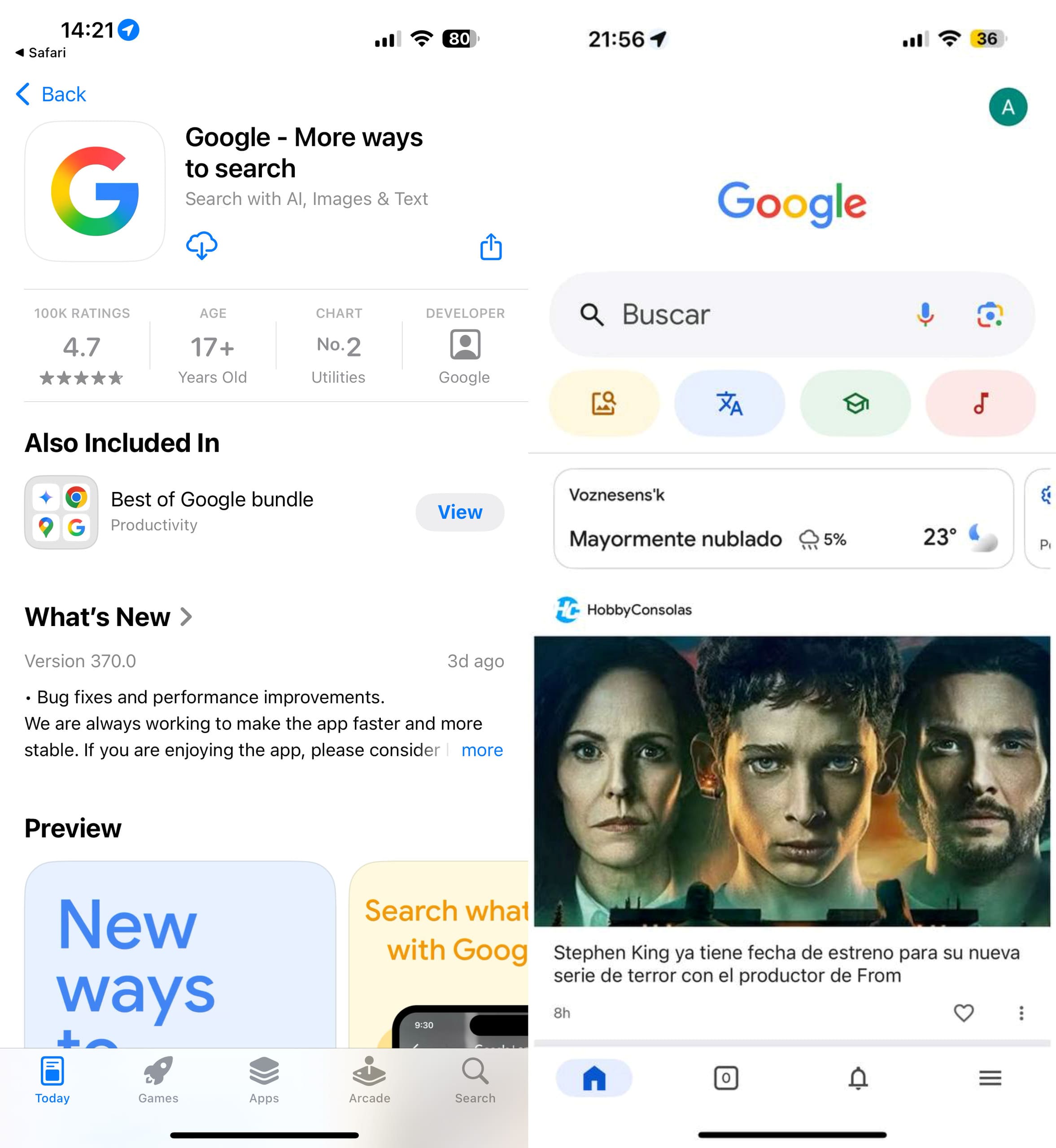 Captura de pantalla de AppStore mostrando Google App y la página principal de Google App con noticias recientes.
