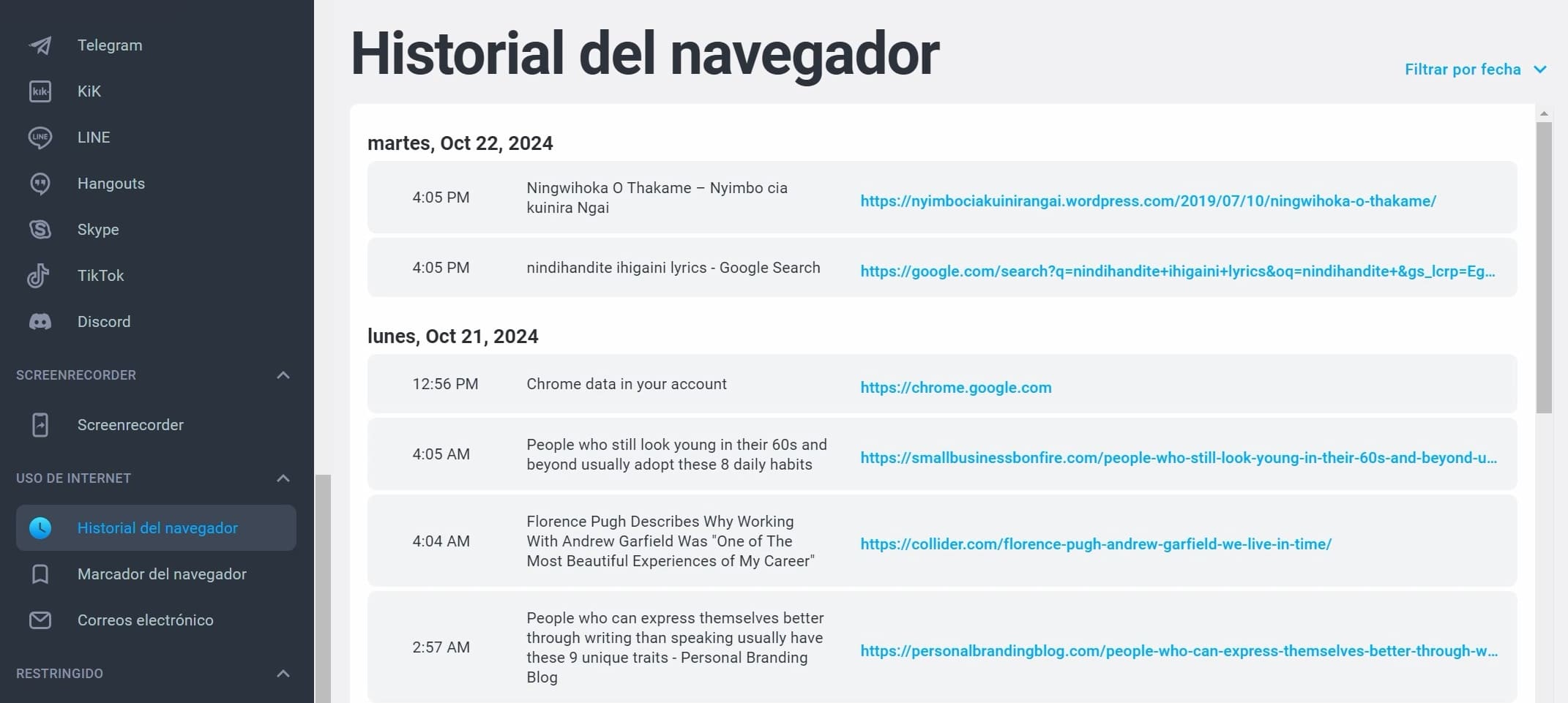 El historial del navegador mSpy muestra las búsquedas y las URL de los sitios web visitados.