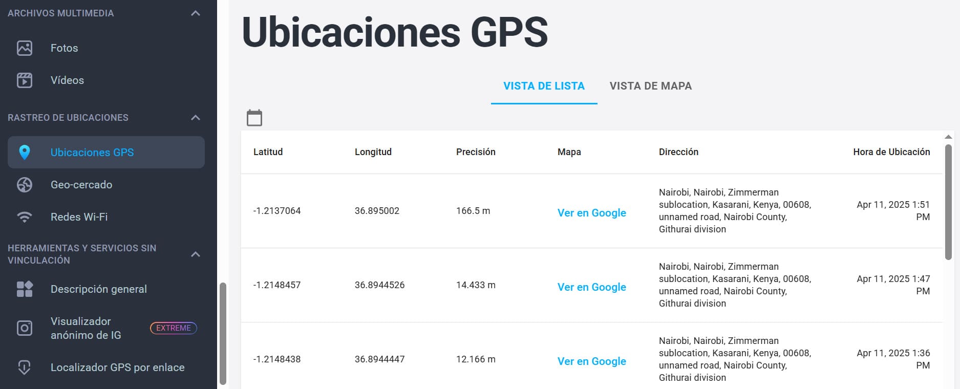 Localizaciones GPS en mSpy.