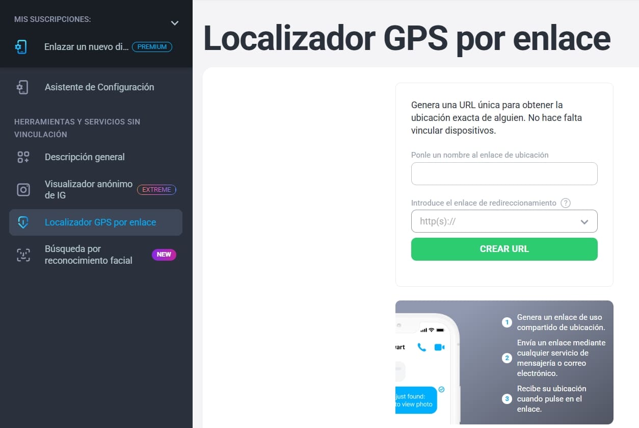 Interfaz de servicio en línea para generar un enlace único de seguimiento GPS.