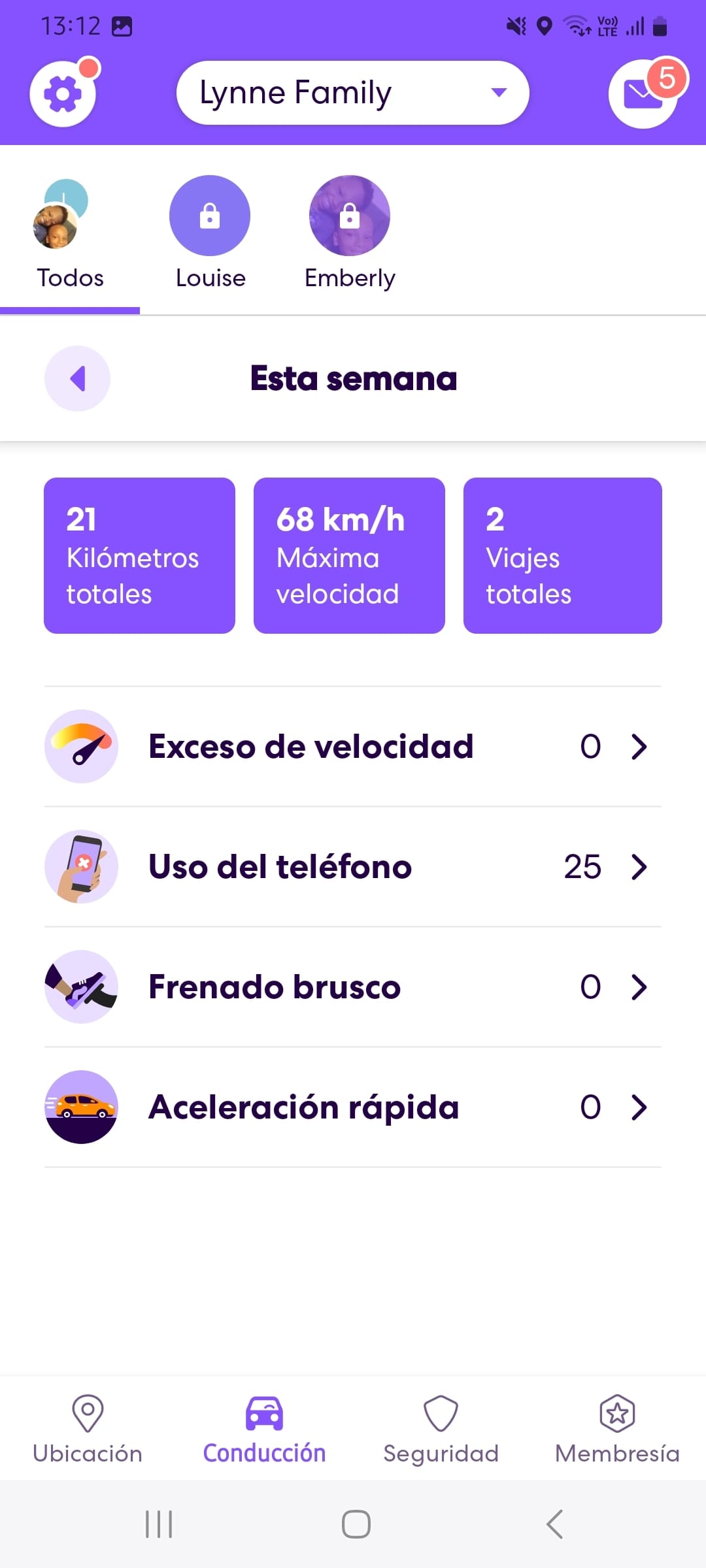 Life360 mostrando el resumen de conducción de una familia.