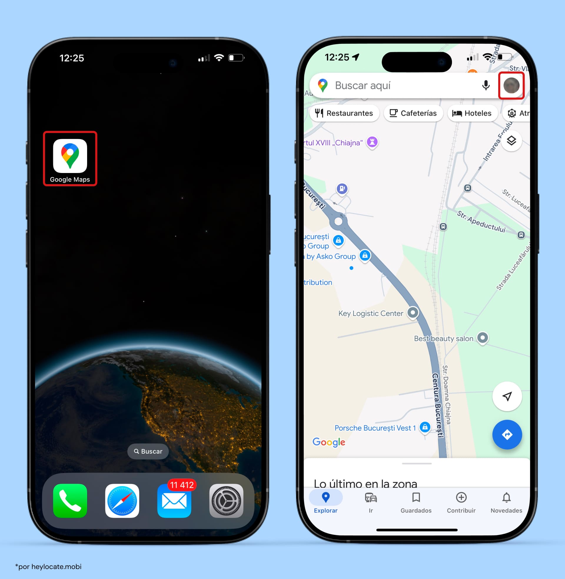 Icono de la aplicación Google Maps en la pantalla principal de un iphone e interfaz de Google Maps abierta en un iphone.