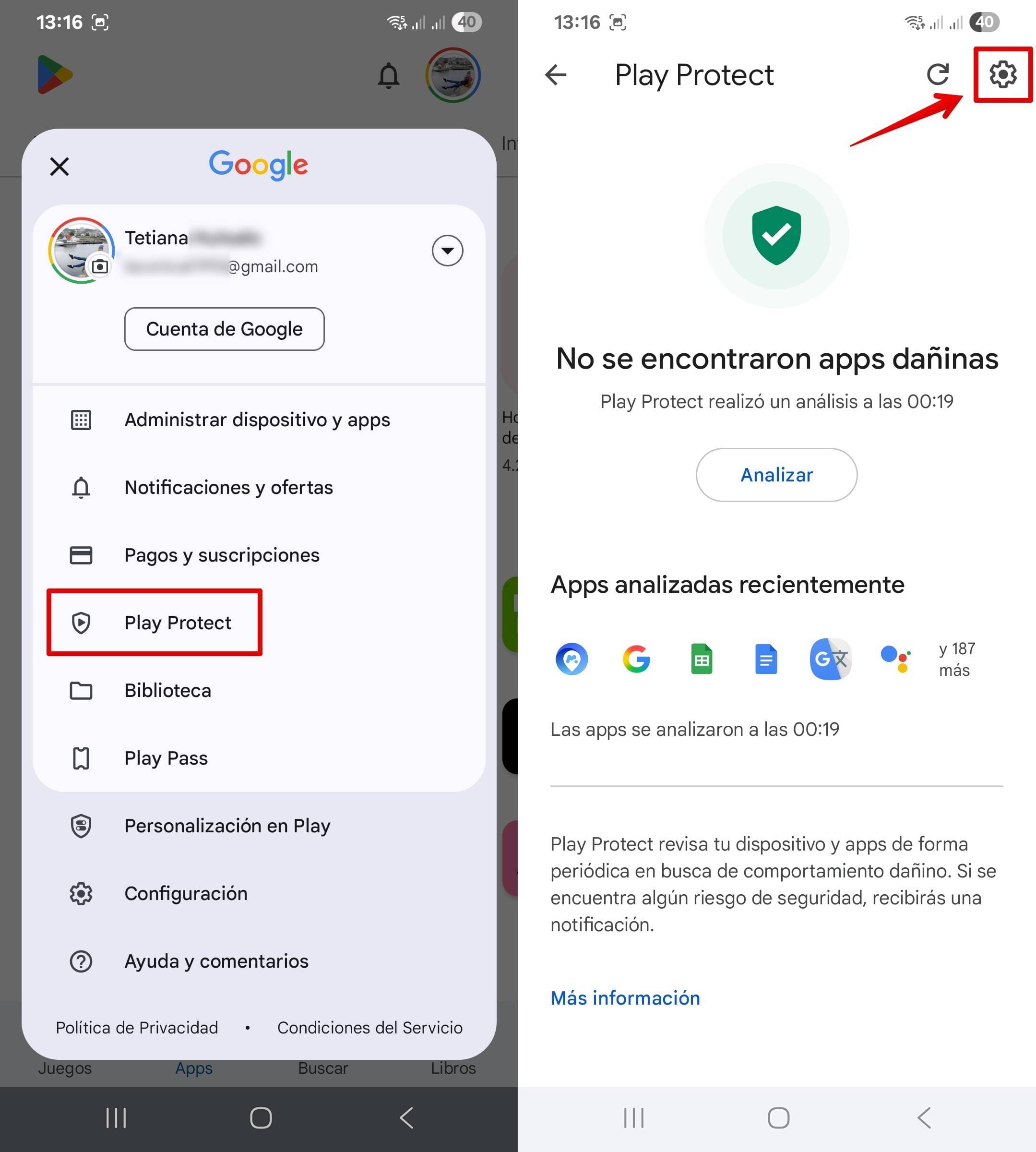Play Protect en el menú de Google Play Store y sus ajustes.