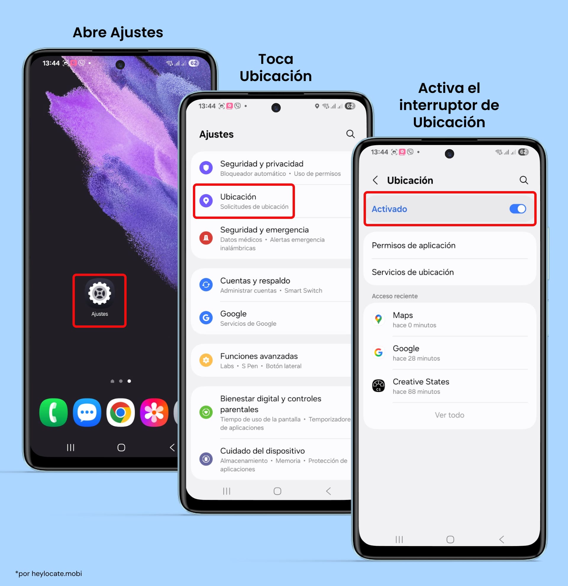 Instrucciones que muestran la navegación por los Ajustes de Android: abre Ajustes, selecciona Ubicación y activa el interruptor de Ubicación.
