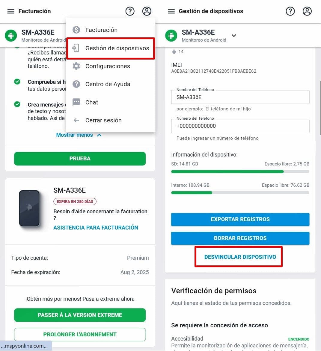 La pantalla de gestión de dispositivos de mSpy, donde puede desvincular el dispositivo supervisado.