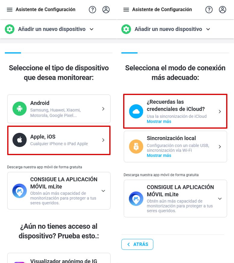 Seleccionar dispositivo Apple iOS y método de sincronización con iCloud.