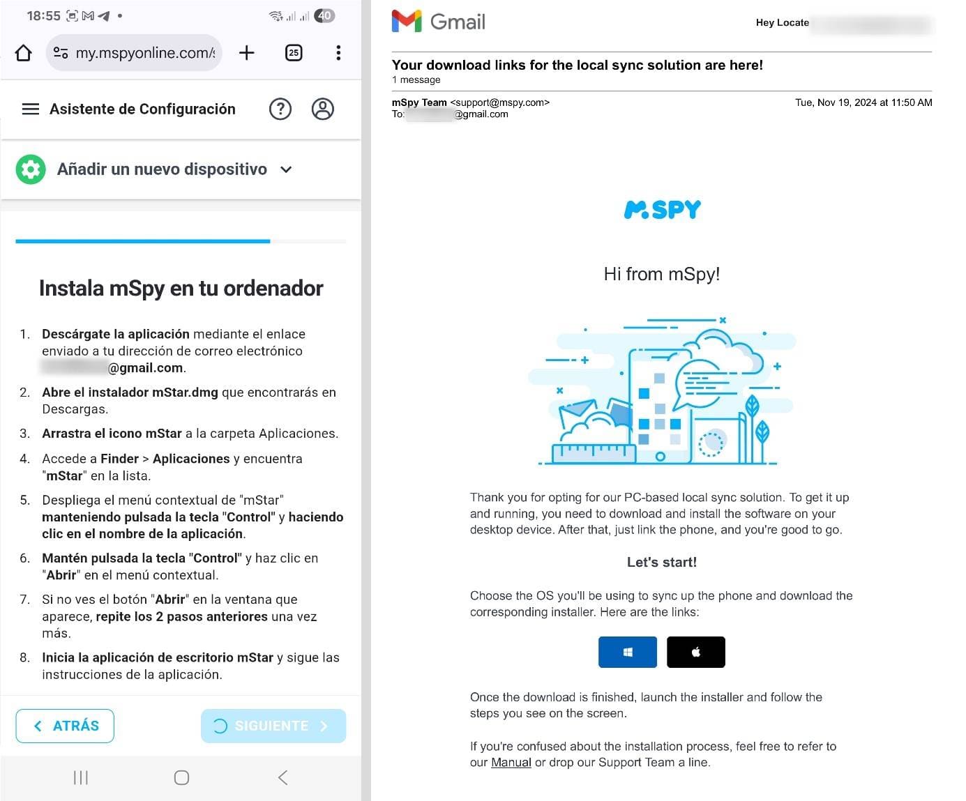 Instrucciones para la configuración local de mSpy, con los pasos para instalar en computadora y un correo de confirmación que incluye enlaces de descarga según tu sistema operativo.