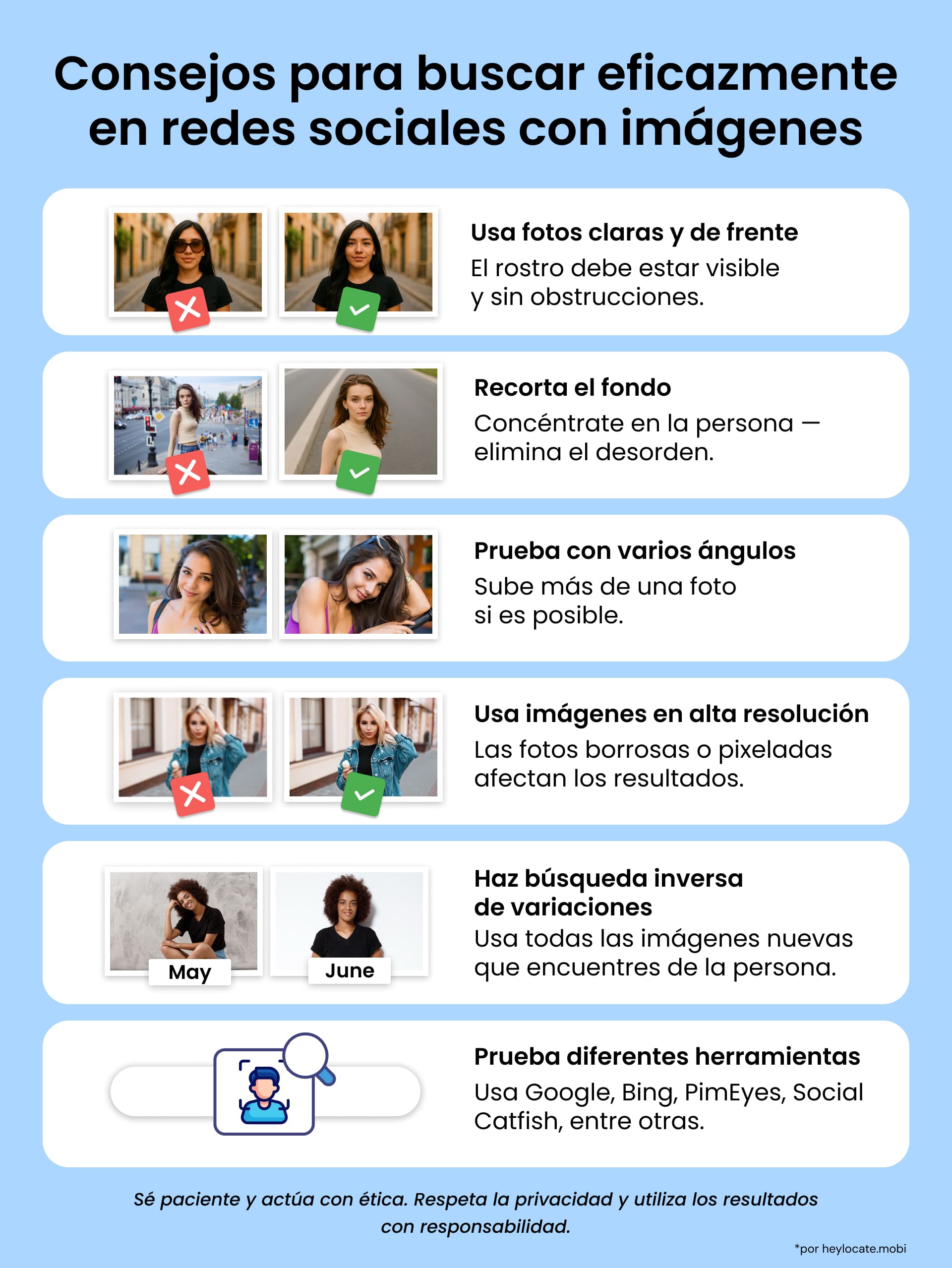 Infografía que muestra las mejores prácticas para búsquedas de imágenes en redes sociales: usa fotos de frente y de alta resolución, evita el desorden en el fondo, prueba múltiples ángulos y usa diferentes herramientas.