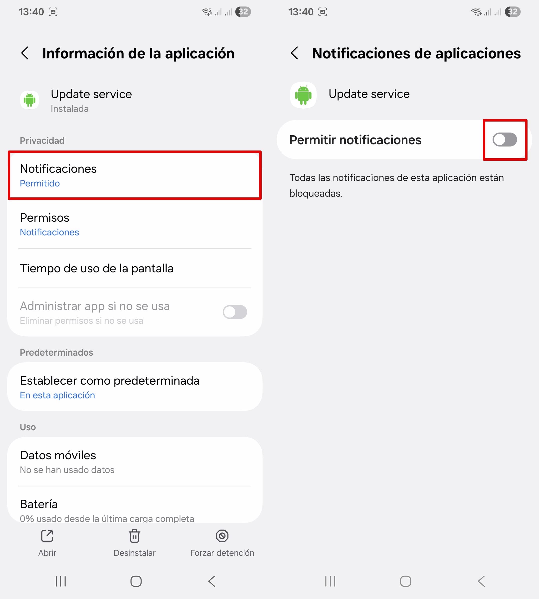 Desactivar las notificaciones de la aplicación del servicio de actualización mSpy en Android.