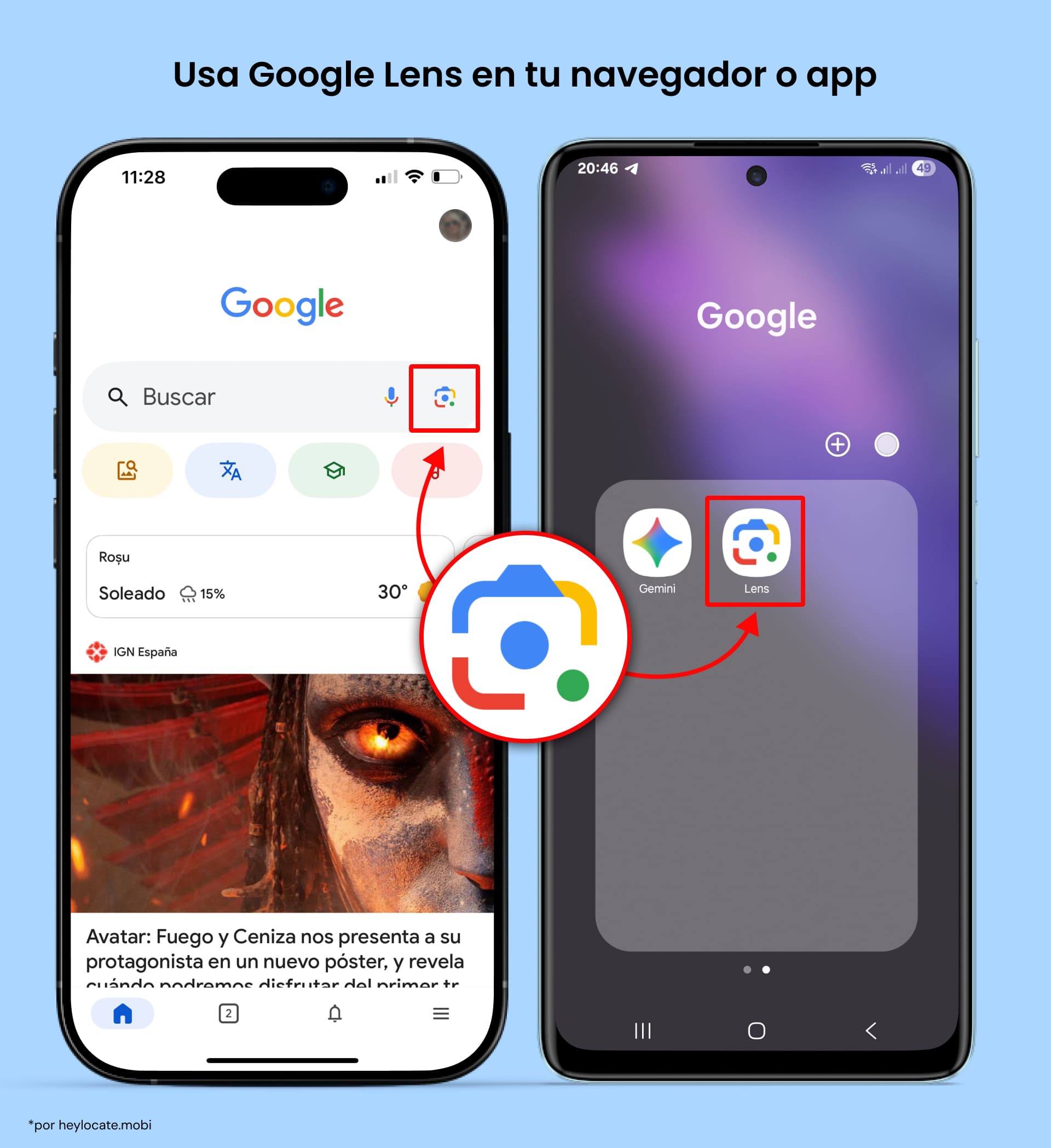 Accede a Google Lens desde la barra de búsqueda de la app de Google en tu navegador y desde el ícono de la app móvil de Google Lens.