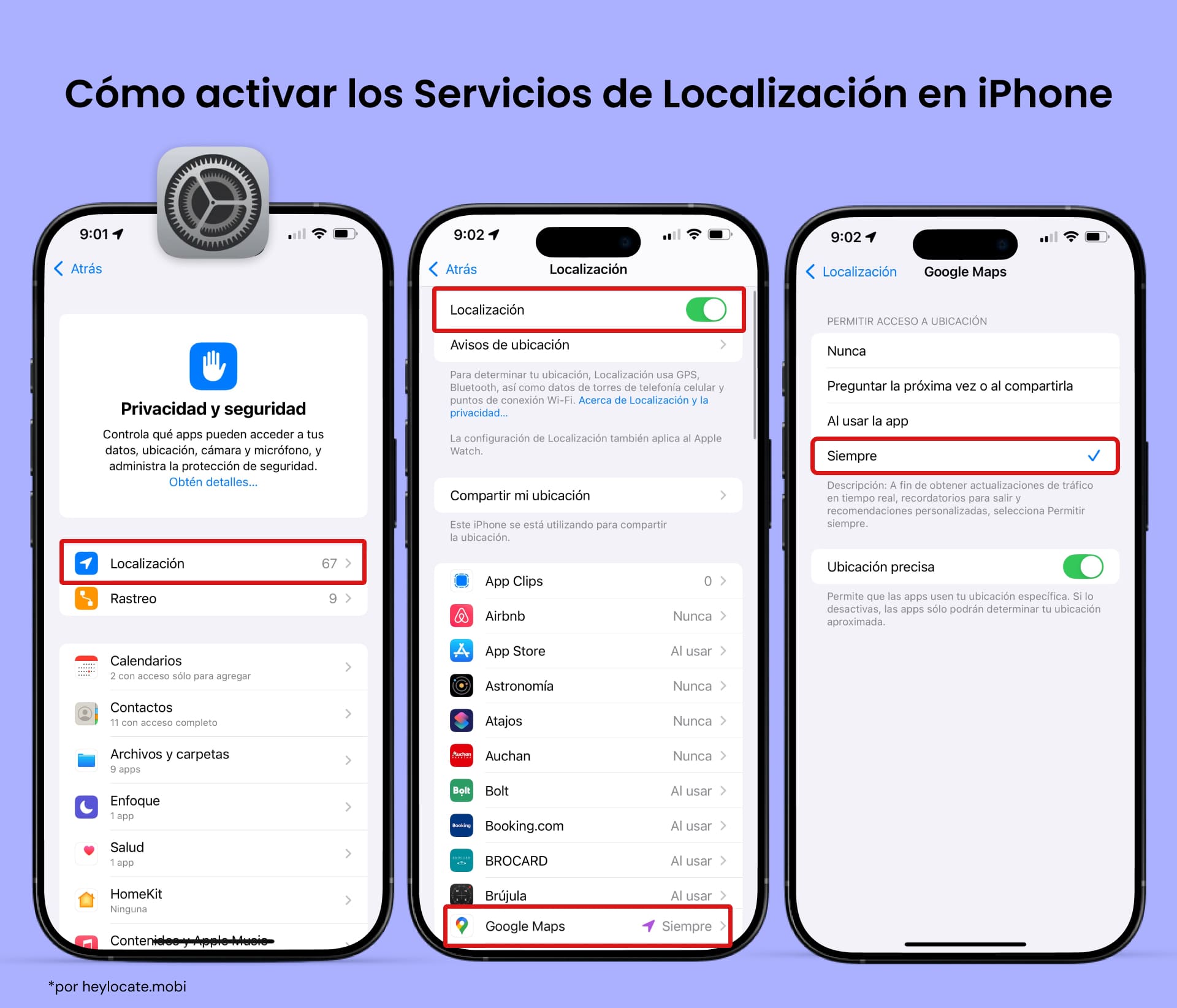 Abre Configuración en tu iPhone, selecciona Privacidad y Seguridad, luego Servicios de Ubicación, habilita esta función, y configura Google Maps en Siempre.