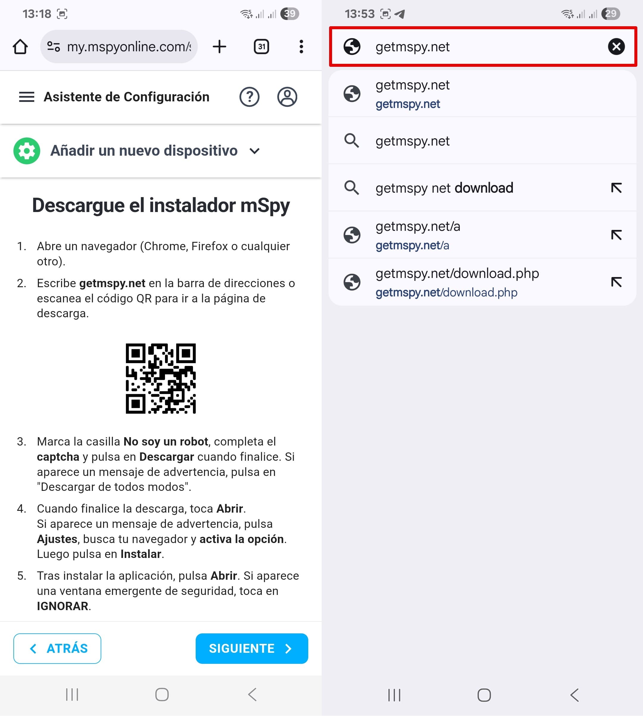 Instale mSpy escaneando el código QR o escribiendo getmspy.net en la barra de búsqueda de su navegador web.