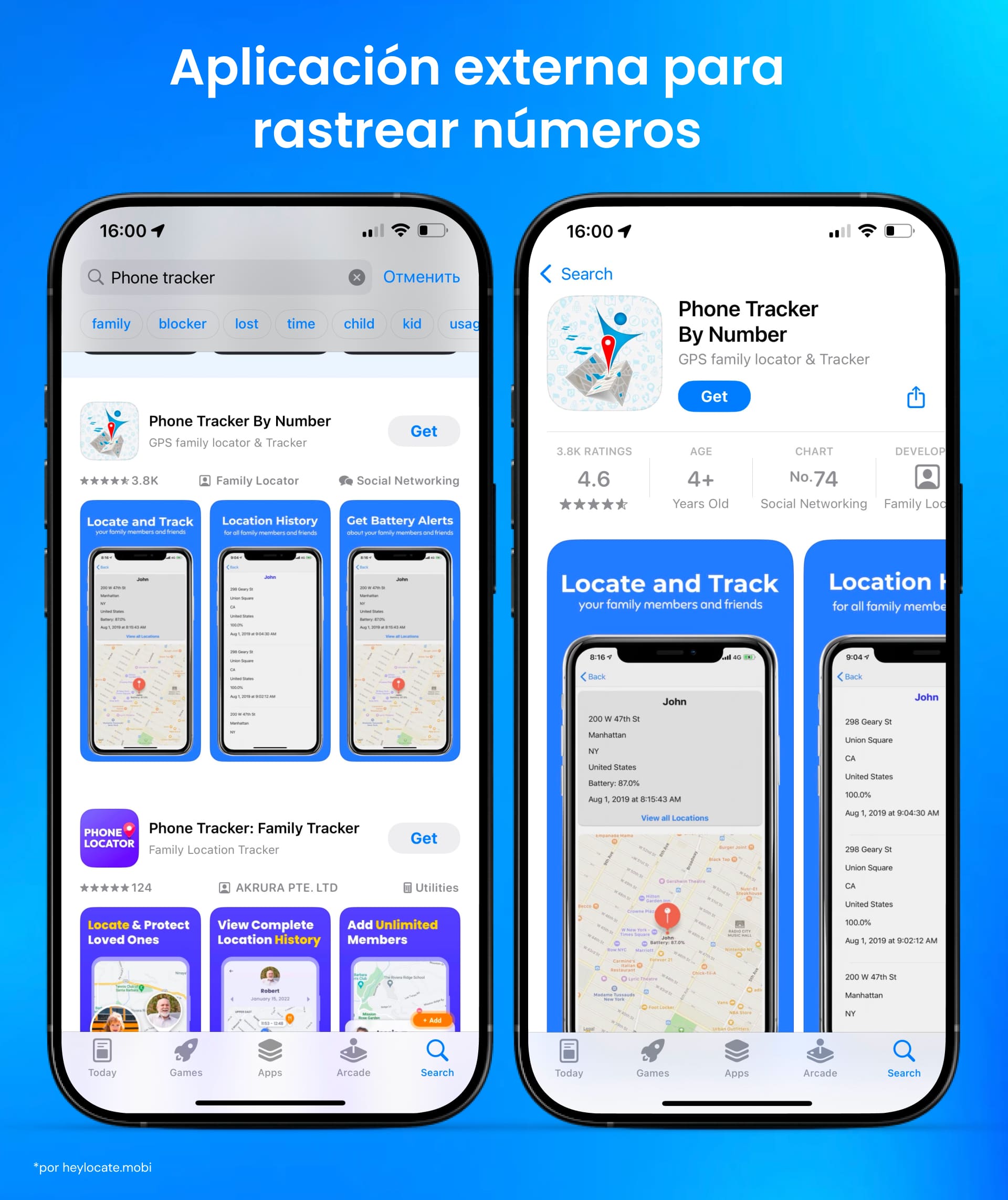 Captura de pantalla de la interfaz de la app "Localizador celular y familia" en la App Store, mostrando los resultados de búsqueda y detalles de la app.