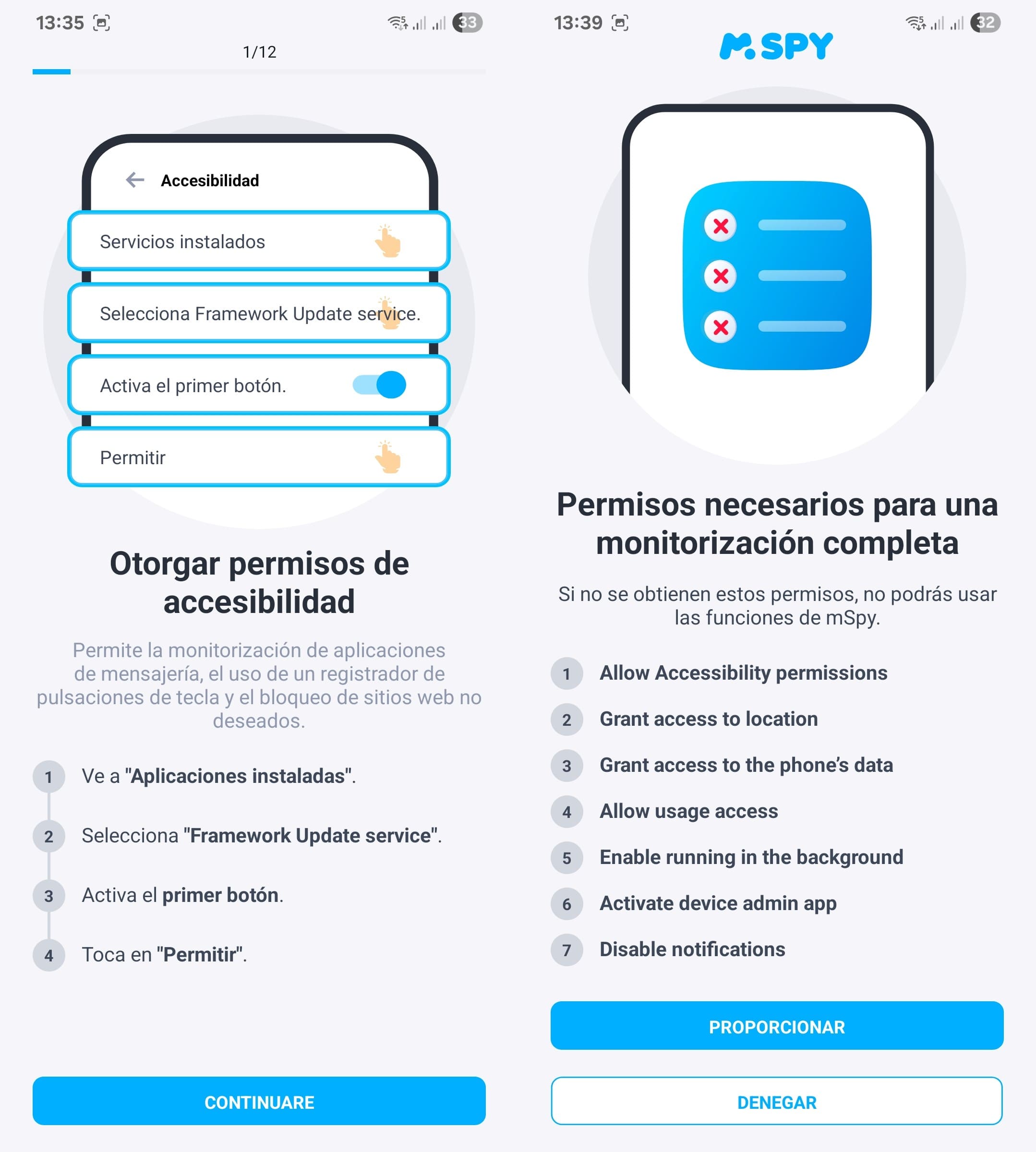 Configuración de permisos de mSpy para Android para una supervisión completa, incluyendo disponibilidad, ubicación, acceso a datos y más.