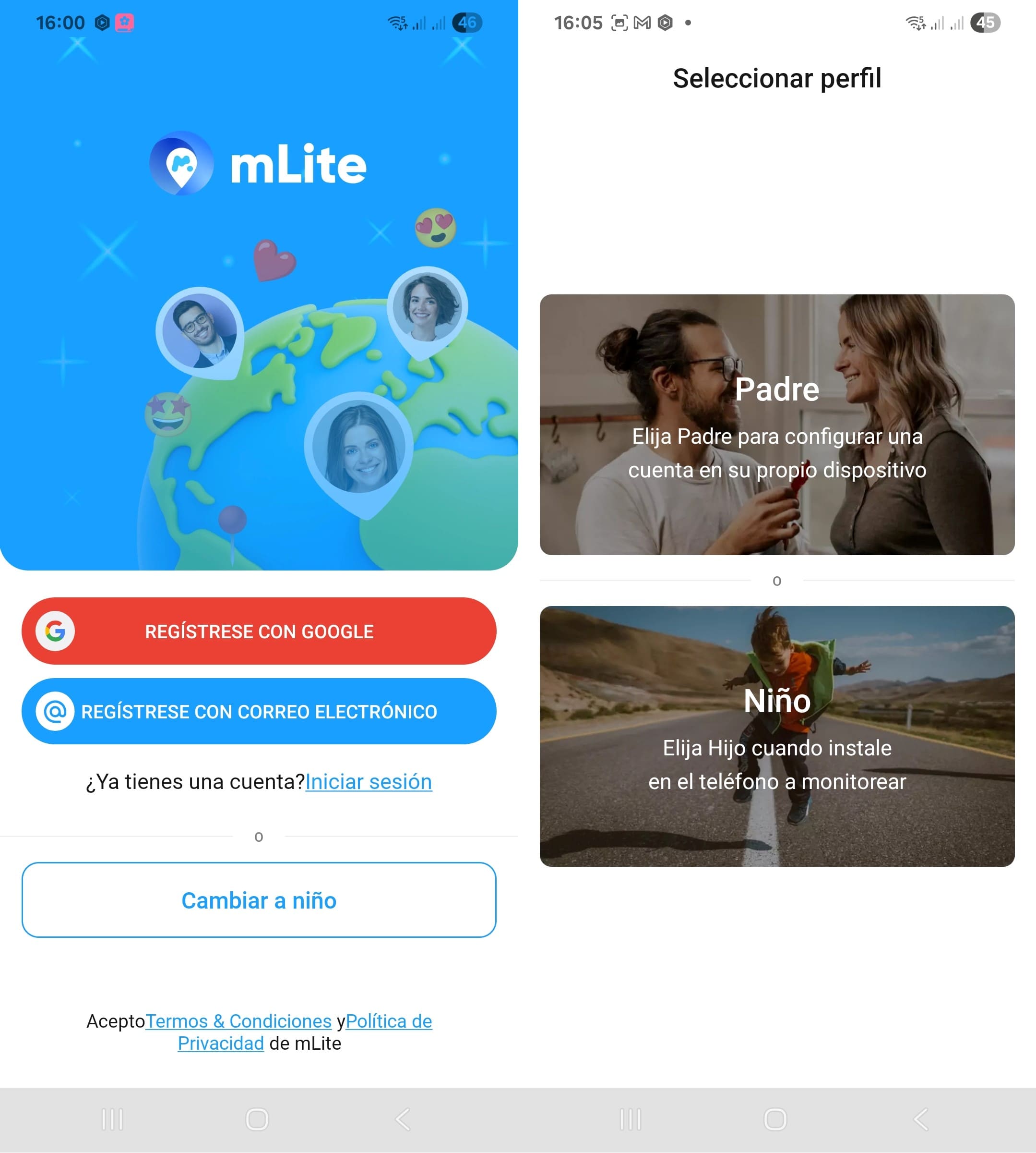 interfaz de registro de la aplicación mLite y seguimiento telefónico que muestra las opciones para registrarse con Google o por correo electrónico y la pantalla para introducir un número de teléfono.