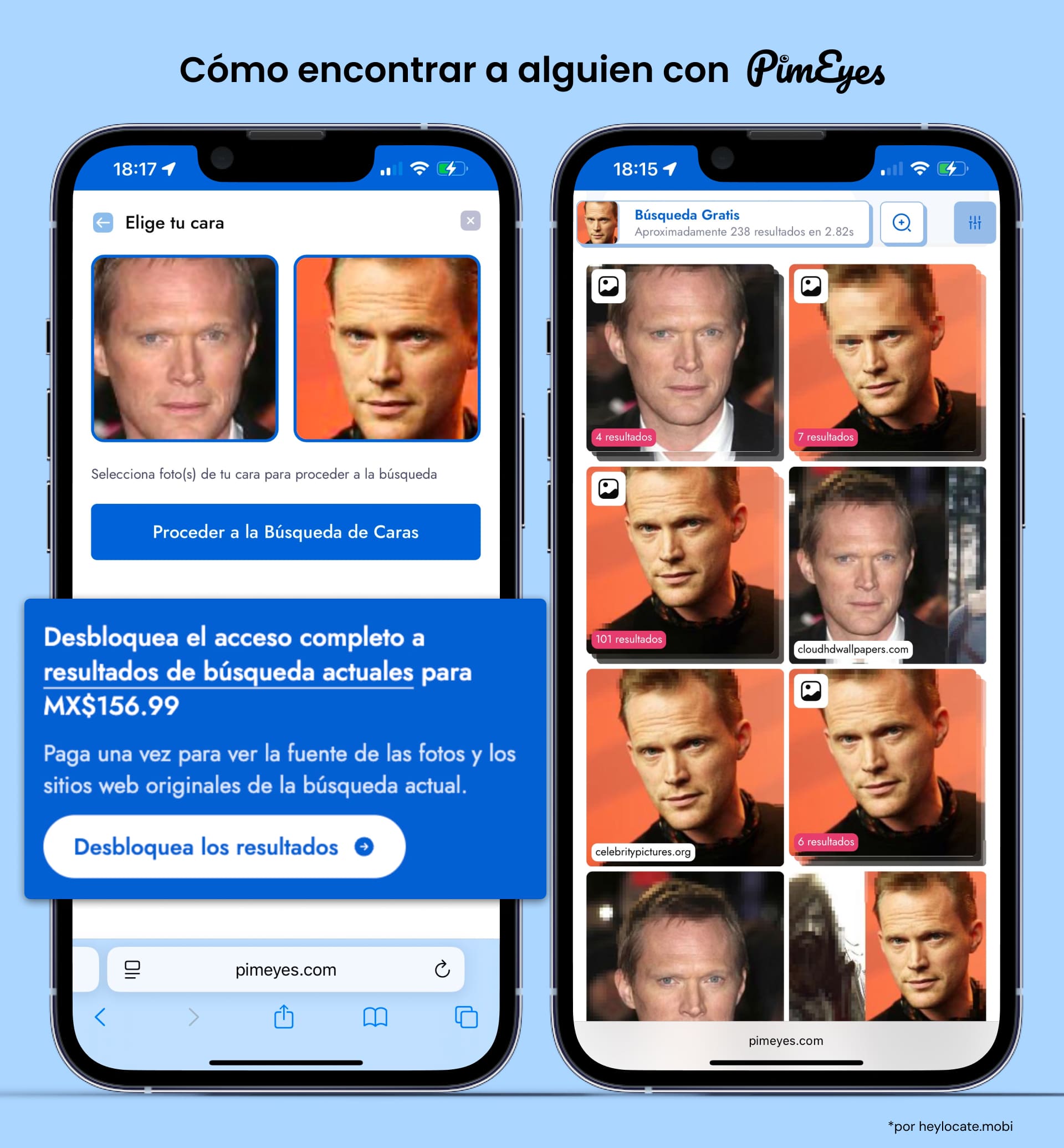 PimEyes muestra la subida de foto para reconocimiento facial y resultados de búsqueda, así como un mensaje sobre una suscripción de pago para ver perfiles.