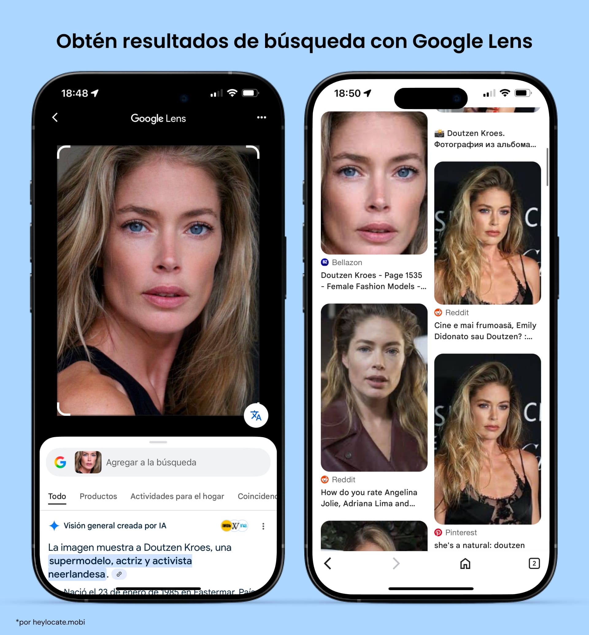Visualización de los resultados de búsqueda de Google Lens basados en fotos subidas, con enlaces correspondientes a imágenes de varios sitios web.