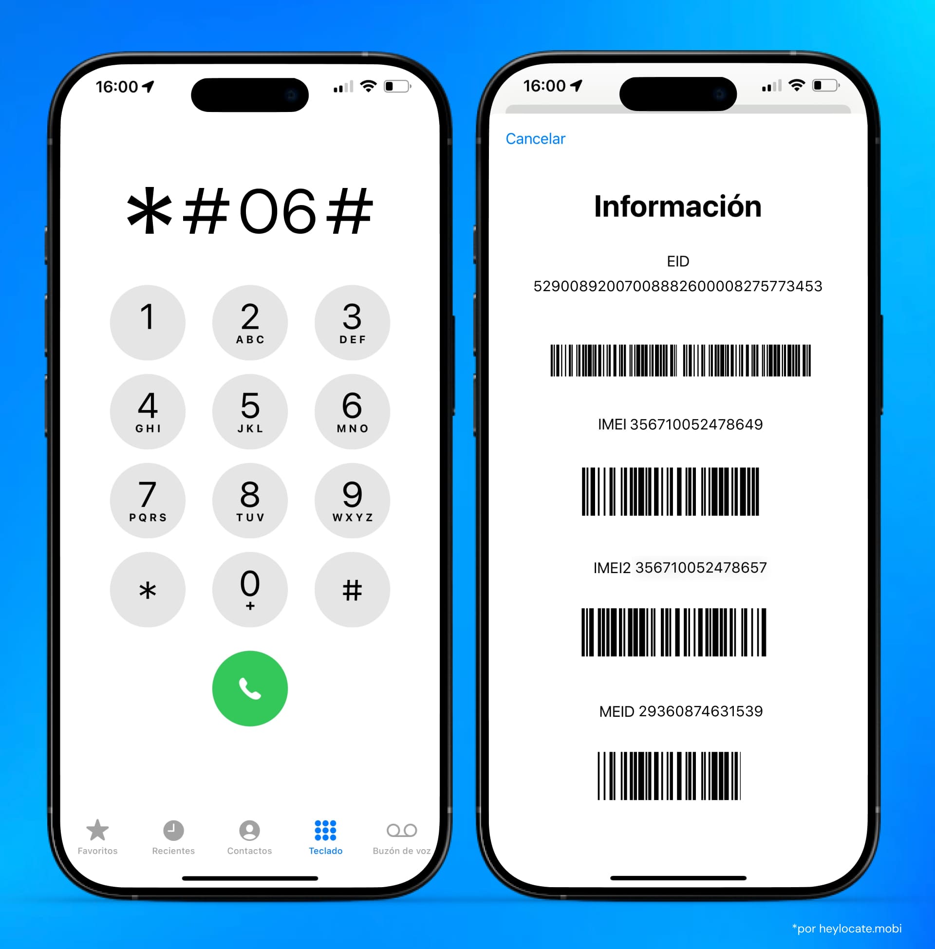 Mostrando el código #06# e información del IMEI, IMEI2, MEID y EID con códigos de barras.