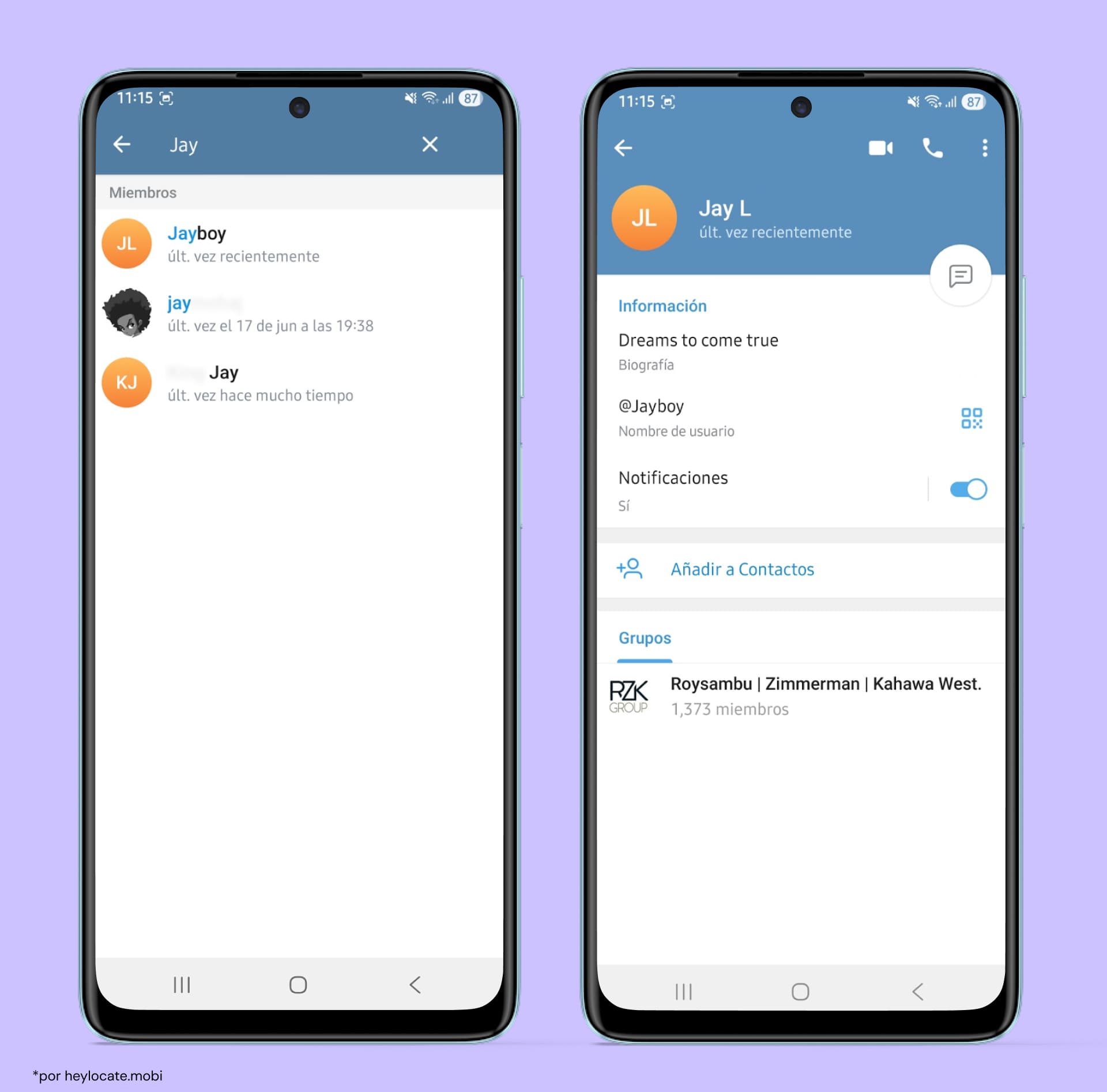 Nombre de búsqueda ingresado en chat de grupo de Telegram con resultados de personas con ese nombre en ese grupo.