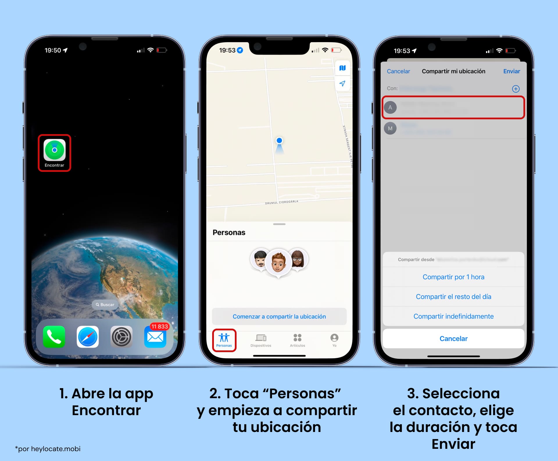 Abre la app, ve a la pestaña "Personas", toca "Empezar a Compartir Ubicación", selecciona un contacto, elige por cuánto tiempo compartir y toca Enviar.