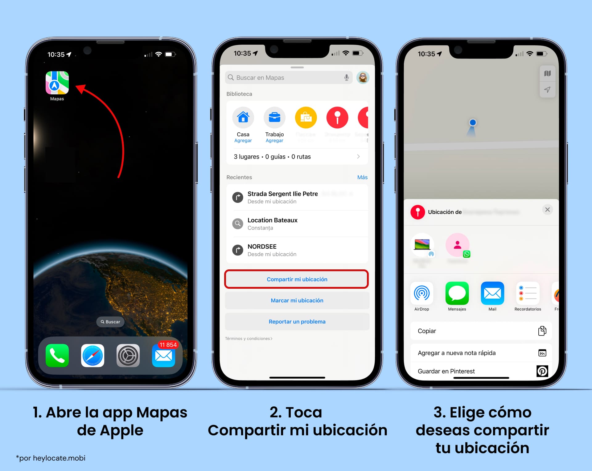 Abre la app Apple Maps, toca Compartir Mi Ubicación y elige cómo enviarla.