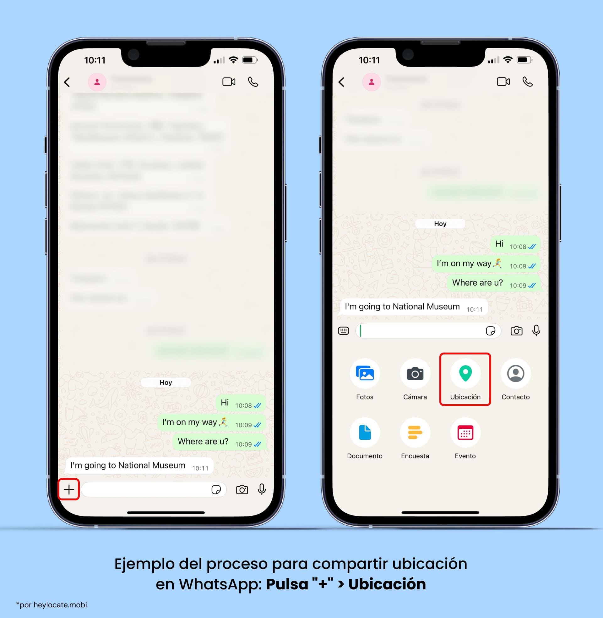 Presiona el ícono "+" en la conversación, ve al menú y selecciona "Ubicación".