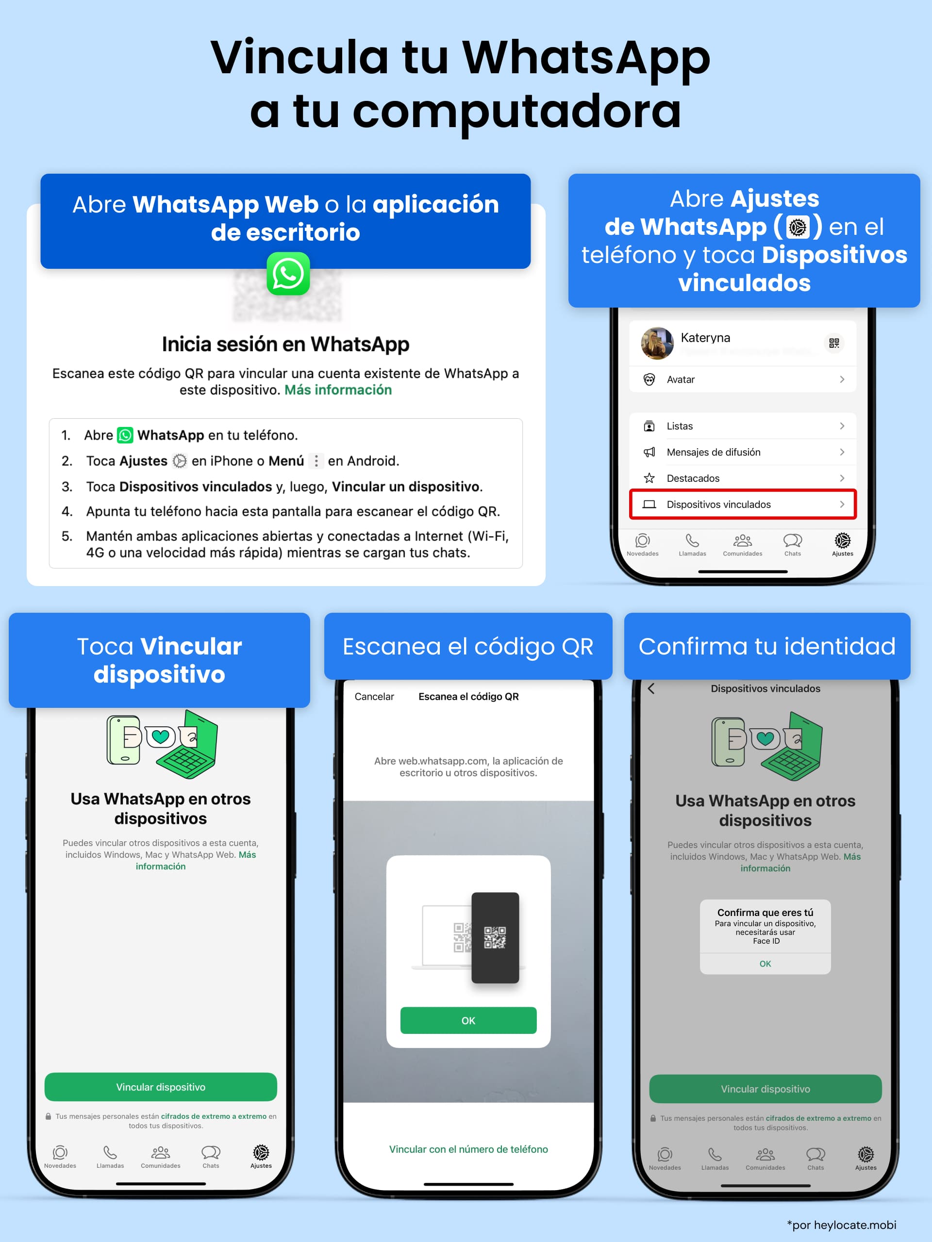 Abre WhatsApp en tu PC y configuración de WhatsApp en el smartphone. Elige Dispositivos vinculados - toca Vincular Dispositivo - escanea un código QR - confirma que eres tú.