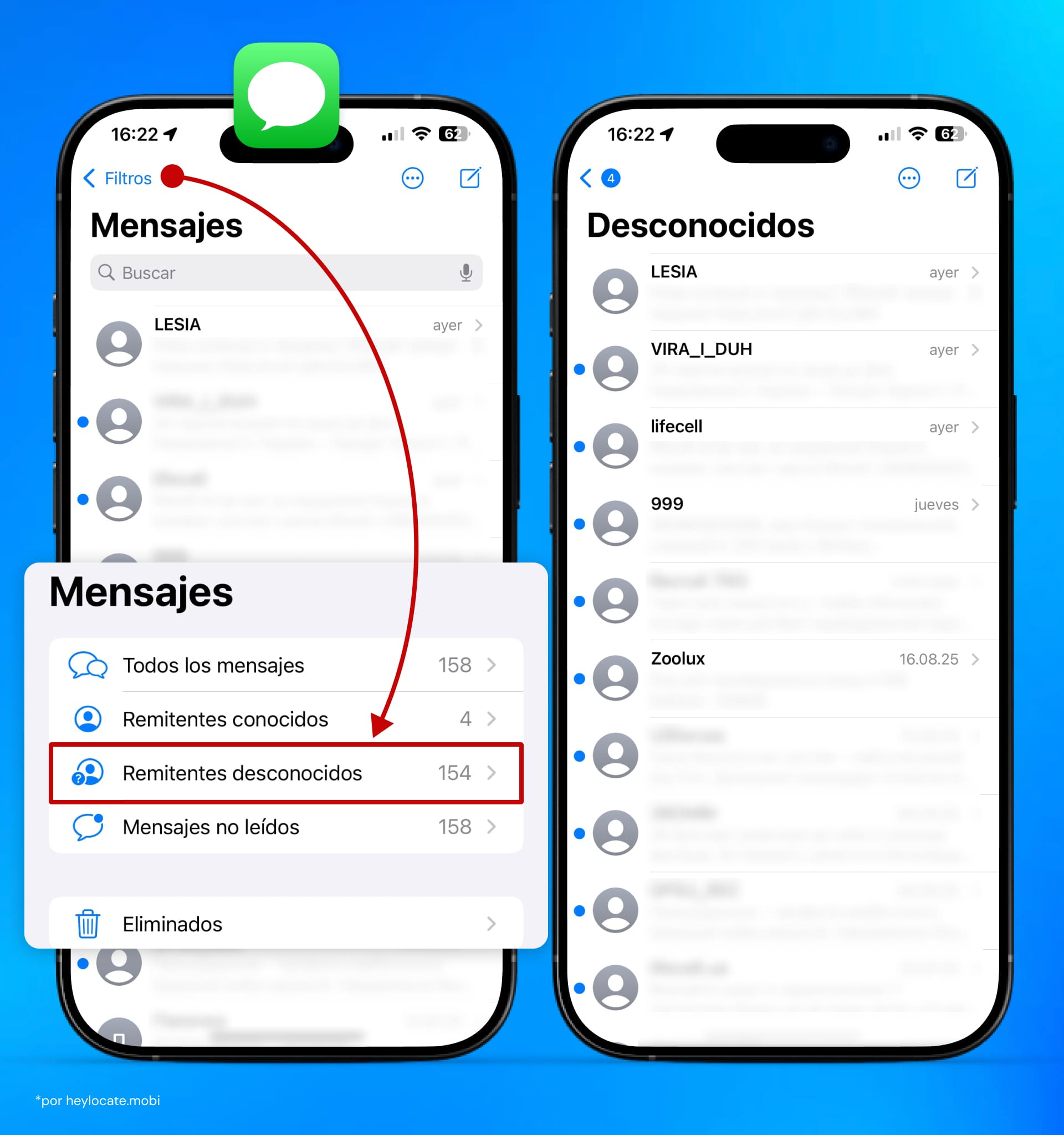 Capturas de pantalla de la app mensajes y sus filtros ocultos (Remitentes desconocidos).