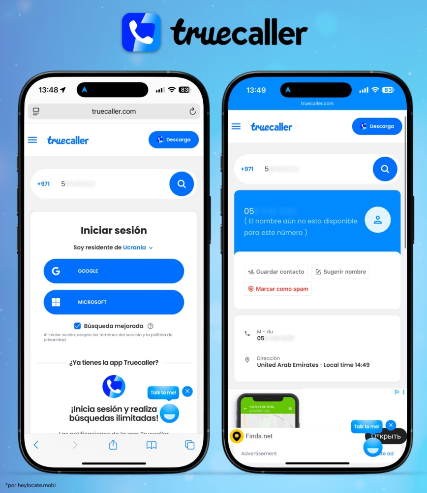 Interfaz de Truecaller: ingresa un número de teléfono, inicia sesión con Google o Microsoft, y ve información limitada como ciudad u operadora.