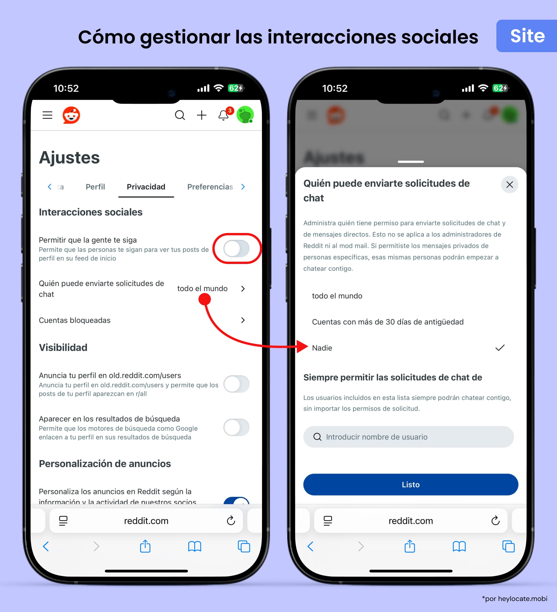 Página de configuraciones de Reddit mostrando cómo deshabilitar "Permitir que las personas te sigan" y configurar solicitudes de chat.
