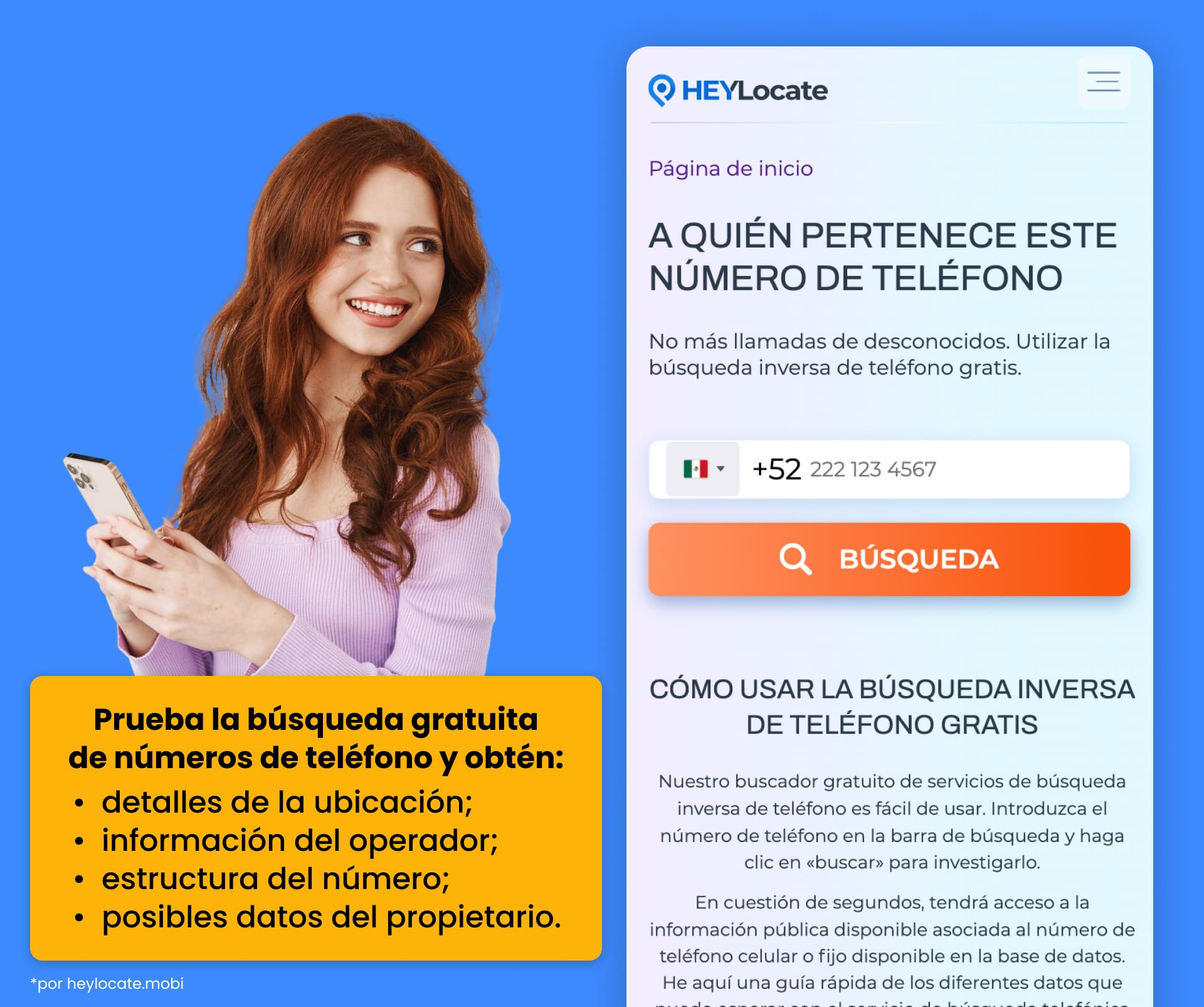 La herramienta de búsqueda inversa de HeyLocate proporciona detalles de ubicación, información del operador, estructura del número y posibles datos del propietario.
