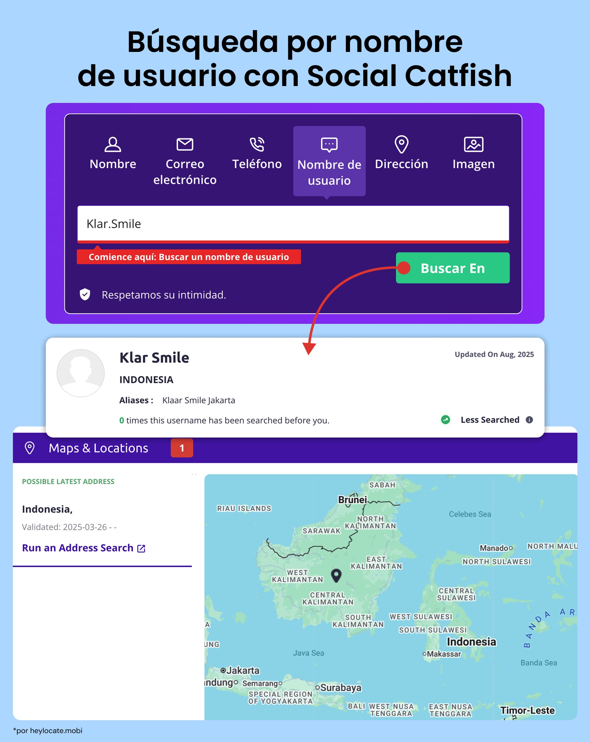 Ingresar el nombre de usuario en el campo y hacer clic en buscar, seleccionar a la persona de la lista, y ver la ubicación.