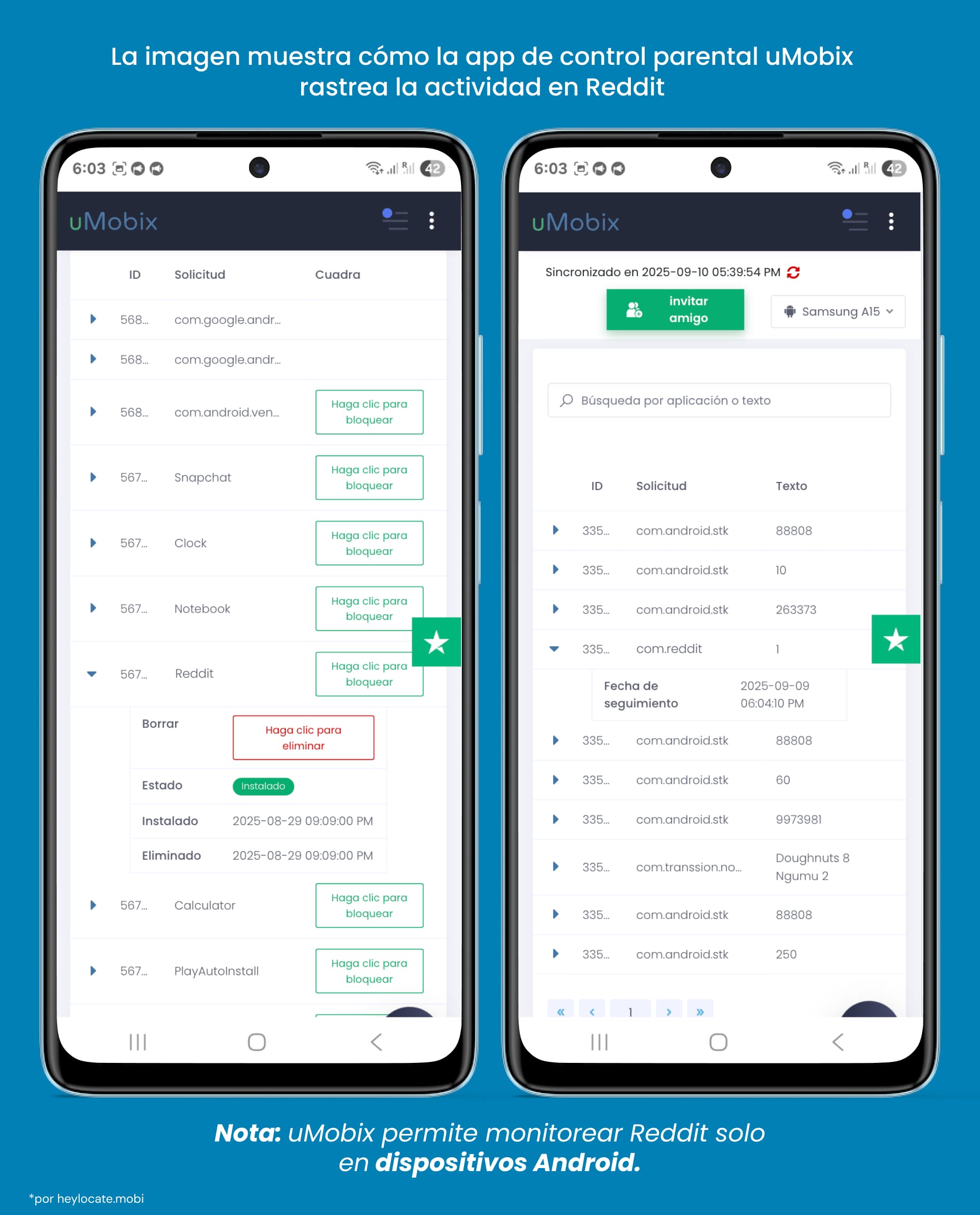 Aplicación uMobix en Android mostrando cómo rastrear actividad de Reddit: una lista de aplicaciones con capacidades de bloqueo y un registro de actividad, incluyendo datos de texto.