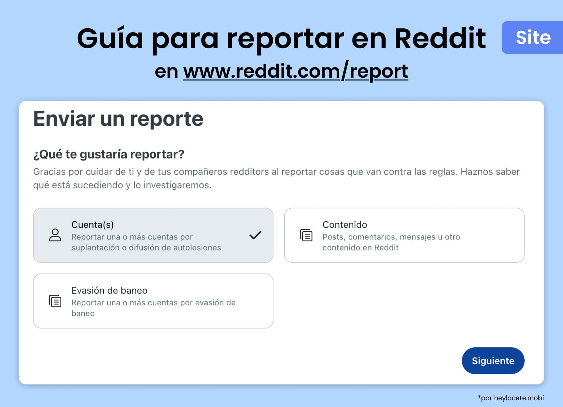 Abrir página de enviar un reporte en Reddit y seleccionar el elemento requerido: cuenta, contenido o evasión de prohibición.