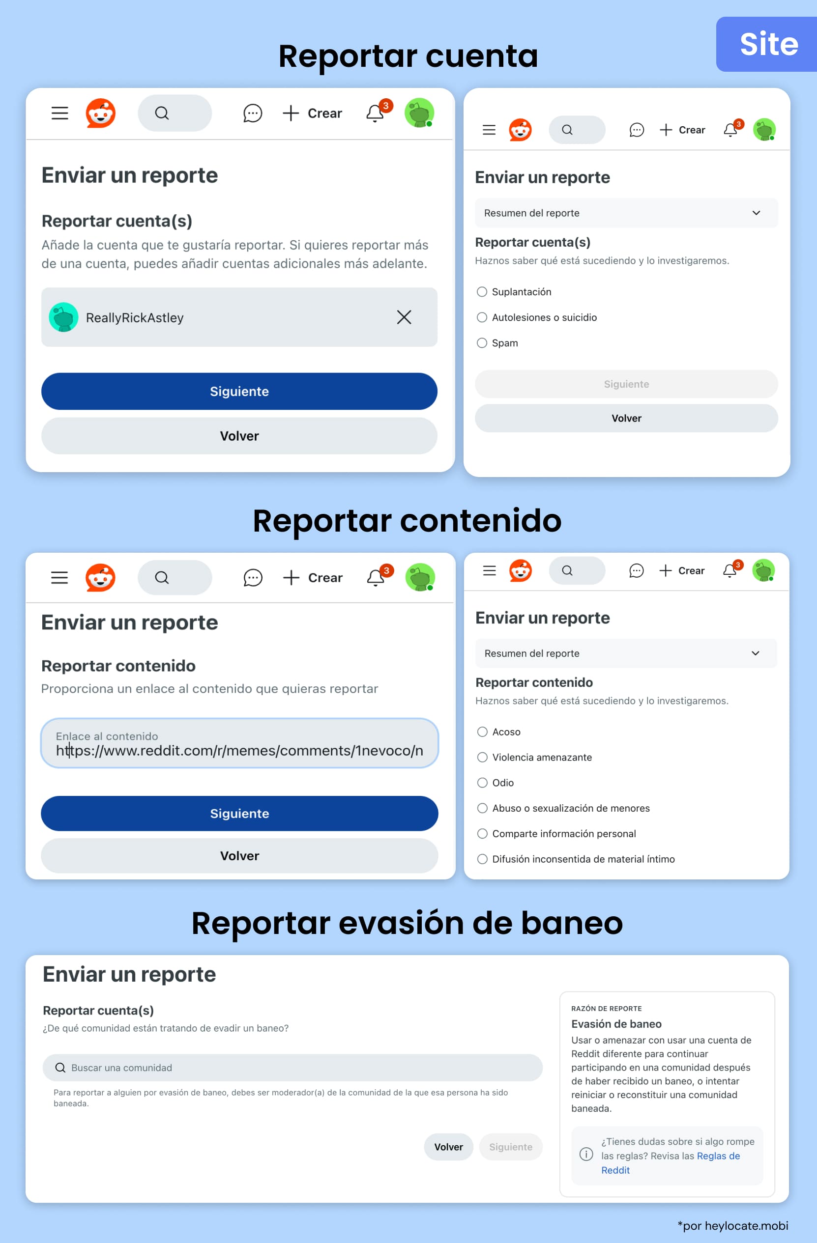 Pasos mostrando el proceso de reporte: ingresar el nombre de la cuenta a reportar y seleccionar una razón, agregar un enlace al contenido dañino, y un proceso de reporte separado sobre evadir prohibiciones.
