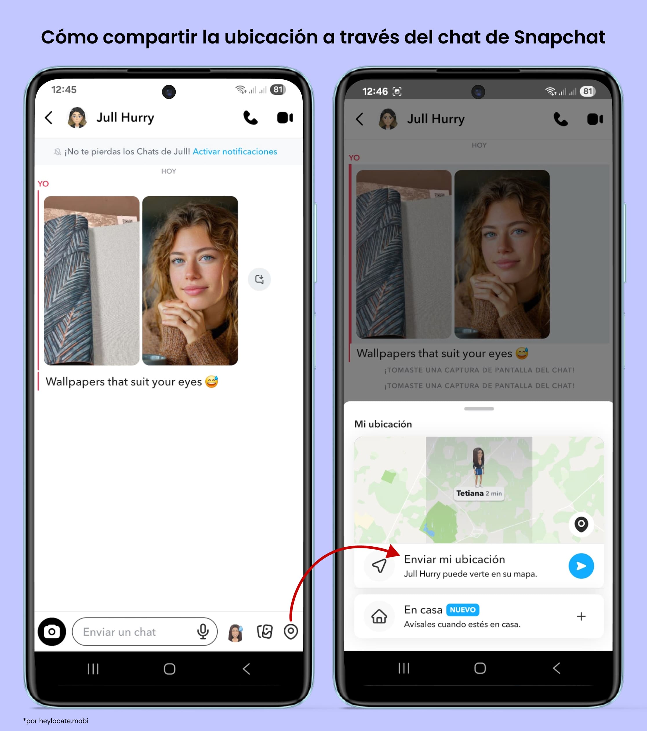 Abre un chat de Snapchat, elige el ícono de ubicación y envíalo.