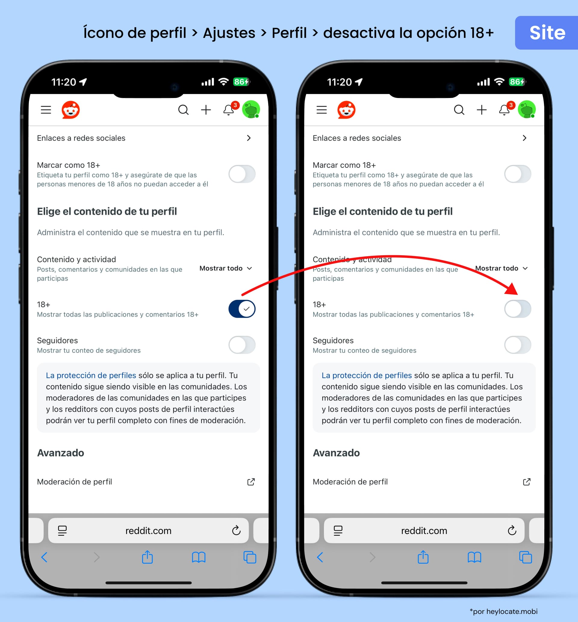 Desactivar contenido NSFW en Configuraciones de cuenta de Reddit a través de Perfil - sección Curar tu perfil.