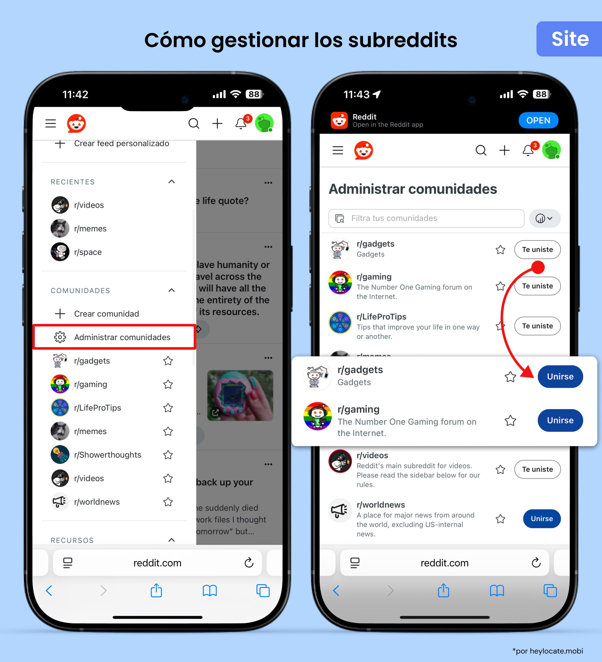 En Administrar comunidades, haz clic en Unido en un subreddit para salir de él.