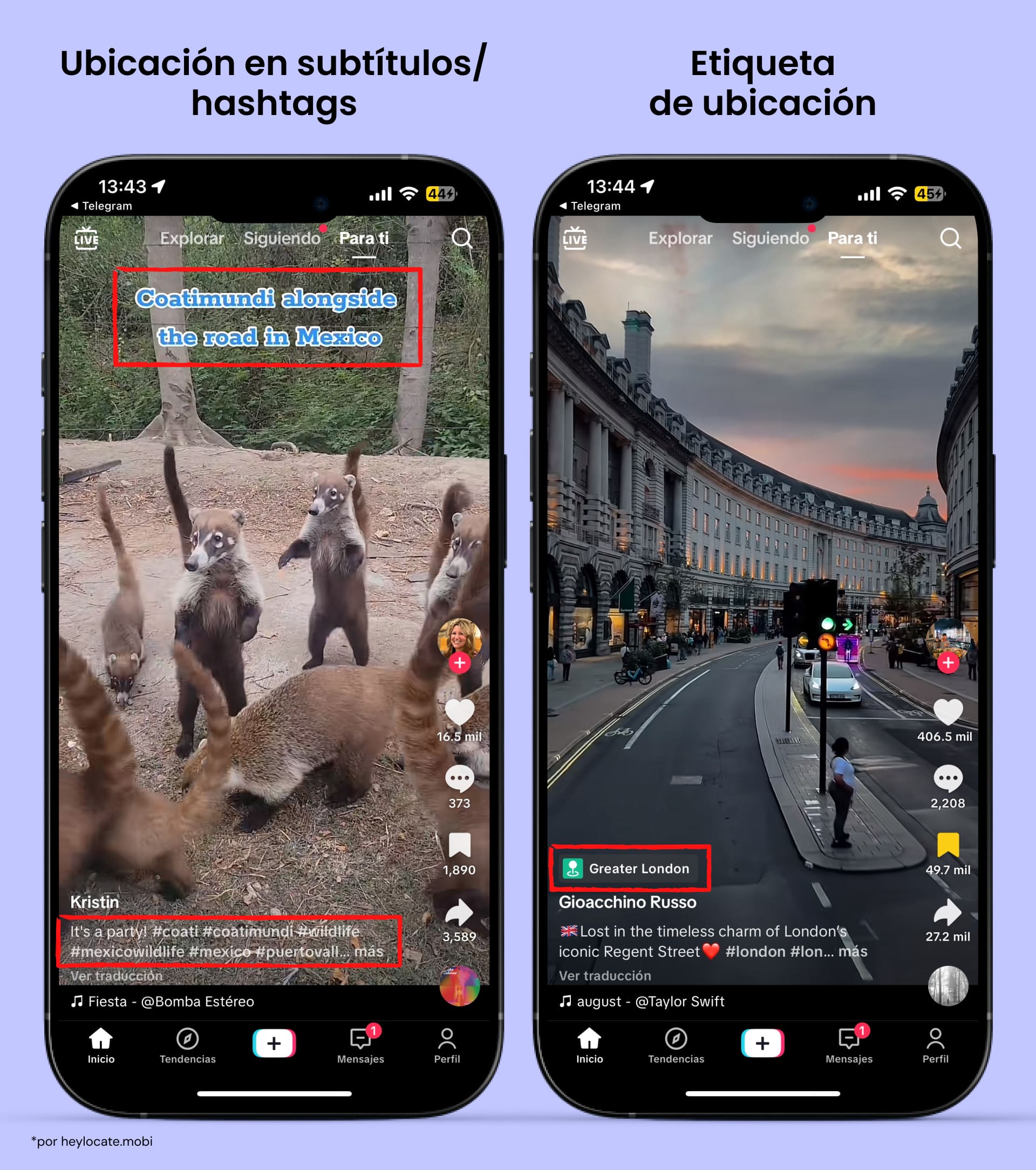 Buscar ubicación en el subtítulo del video y hashtags debajo del video.