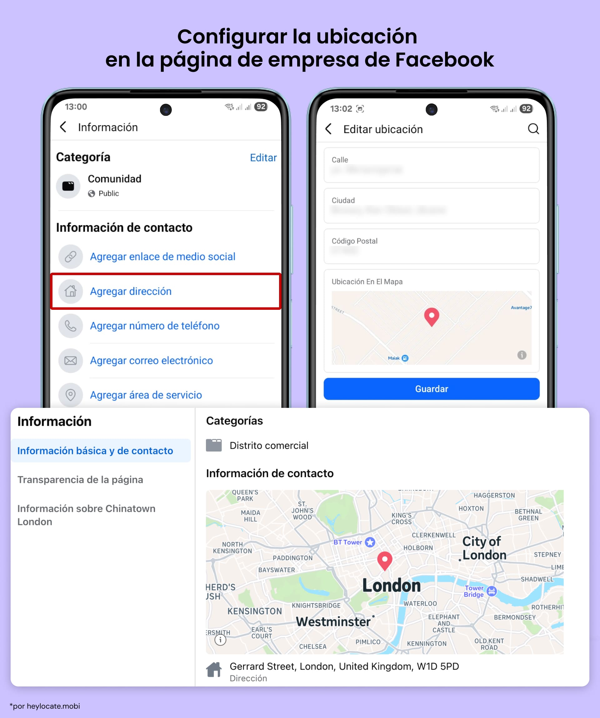 Agrega la dirección de tu empresa a tu página de Facebook: abre Información de contacto, selecciona Agregar dirección e ingresa los datos de ubicación.