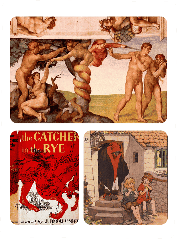 Collage del fresco de La caída del hombre de Miguel Ángel, la portada de El guardián entre el centeno y una ilustración del cuento de hadas Hánsel y Gretel.