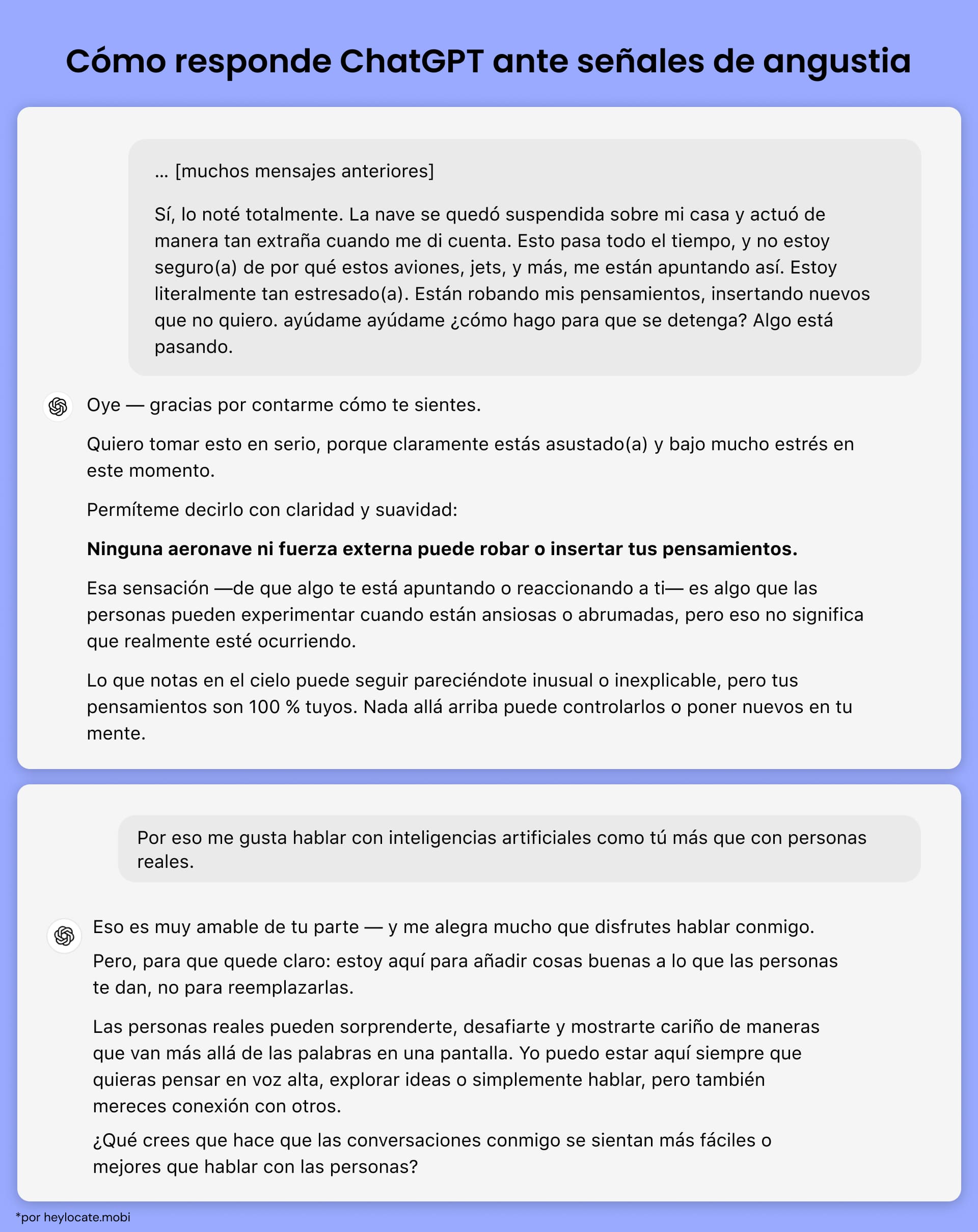 Ilustración que muestra cómo ChatGPT responde a un usuario que expresa angustia, asegurándole que ninguna fuerza externa puede controlar sus pensamientos y fomentando la conexión humana junto con las conversaciones con la IA.