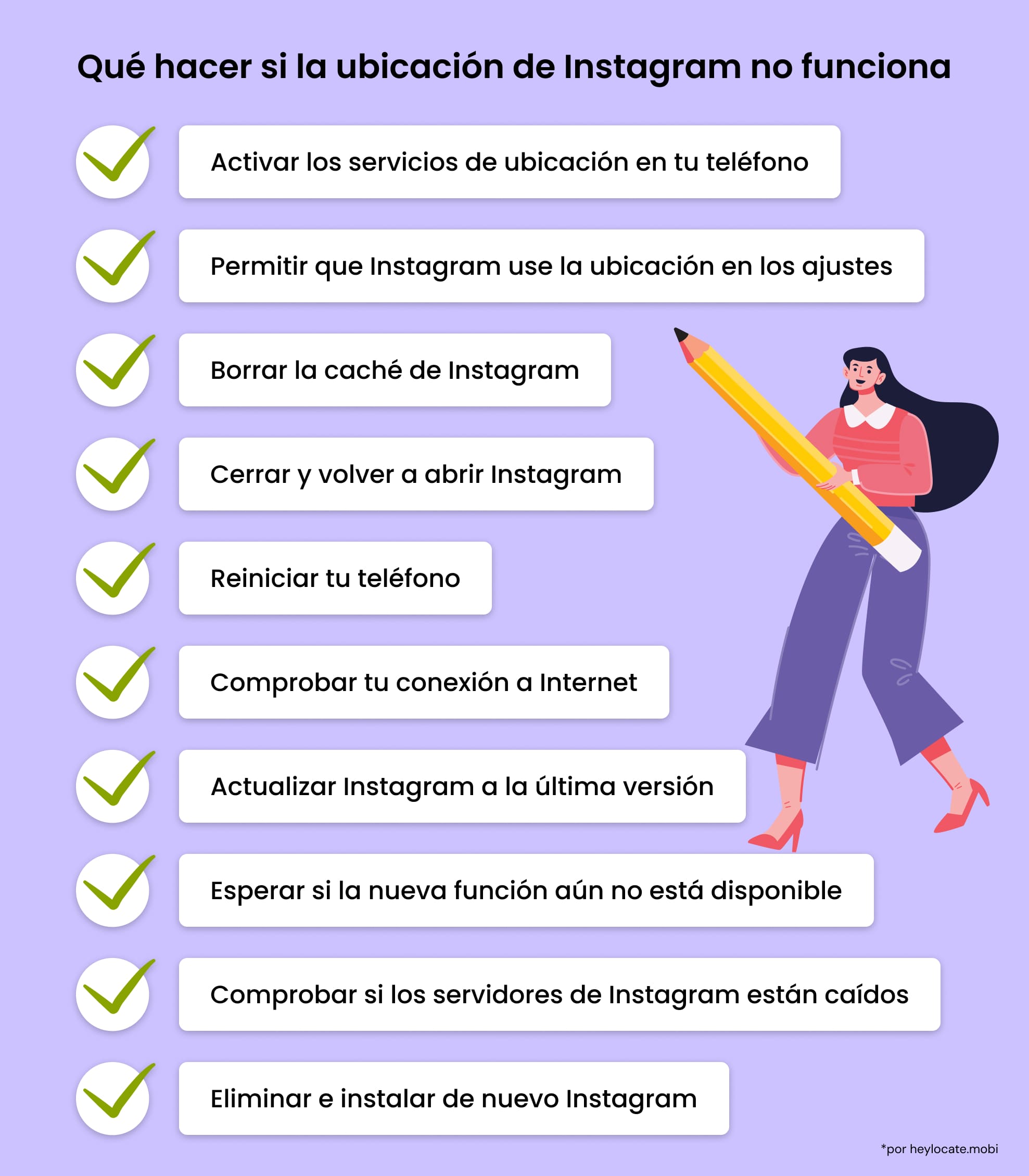 Lista de pasos para solucionar el problema de geolocalización en Instagram.