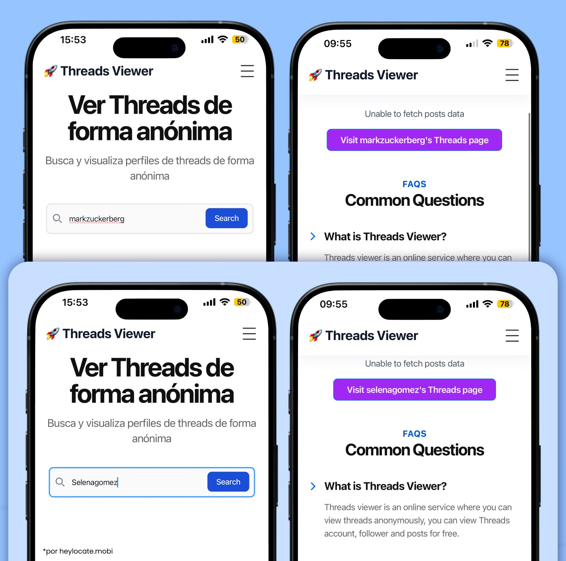 Interfaz de Threadsviewer.net con una búsqueda del nombre de usuario de Threads. Después de la búsqueda aparece un mensaje indicando que no se pueden recuperar los datos de la publicación, con un botón para ir a la página oficial de Threads.