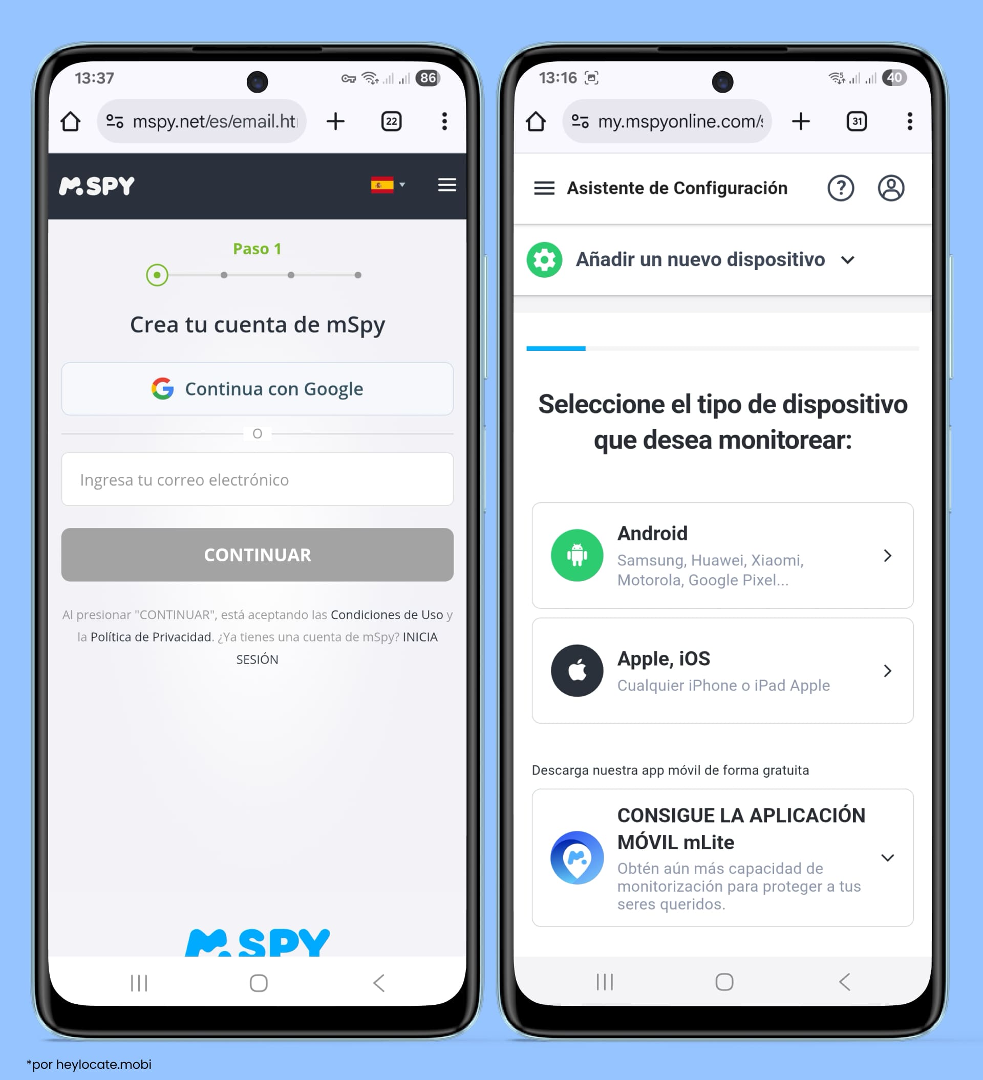 Demostración de una parte del proceso de configuración de la cuenta: registro y selección del dispositivo.