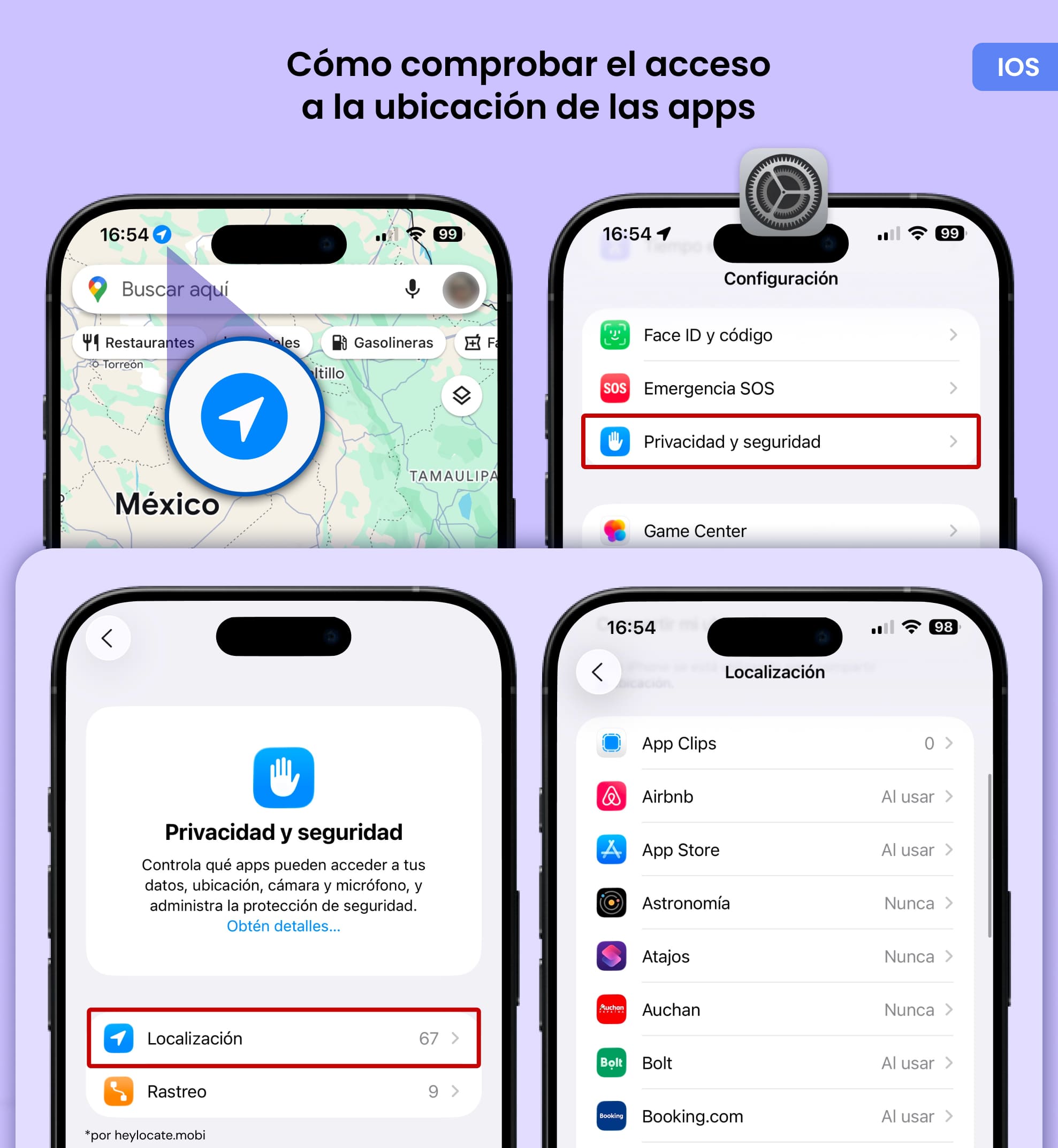 Muestra el ícono de ubicación y los ajustes de Servicios de ubicación para apps (en Configuración - Privacidad y seguridad).