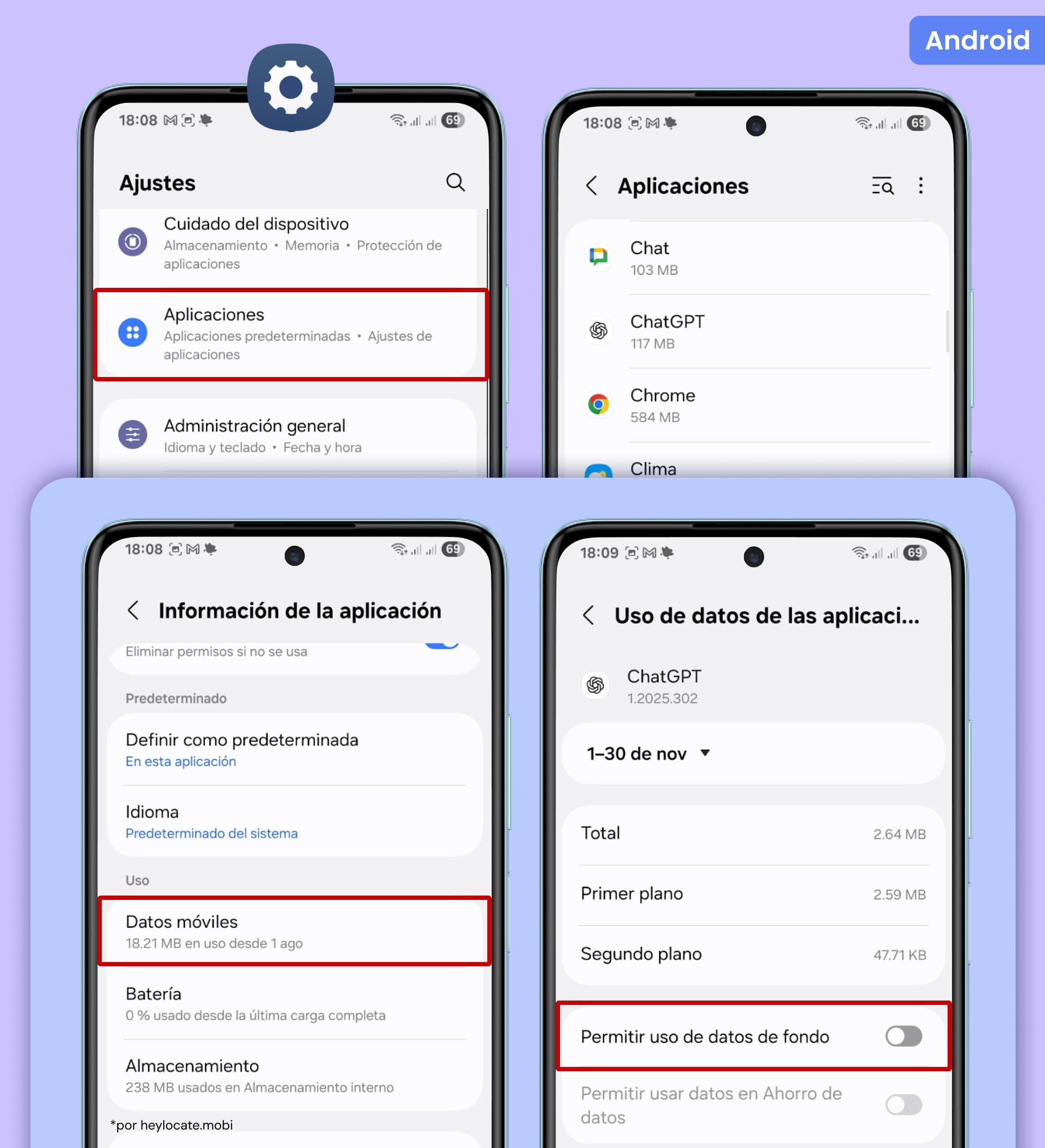 Pantallas de Android que muestran cómo restringir los datos en segundo plano: Configuración → Aplicaciones → seleccionar app → Datos móviles → desactivar “Permitir uso de datos en segundo plano.”